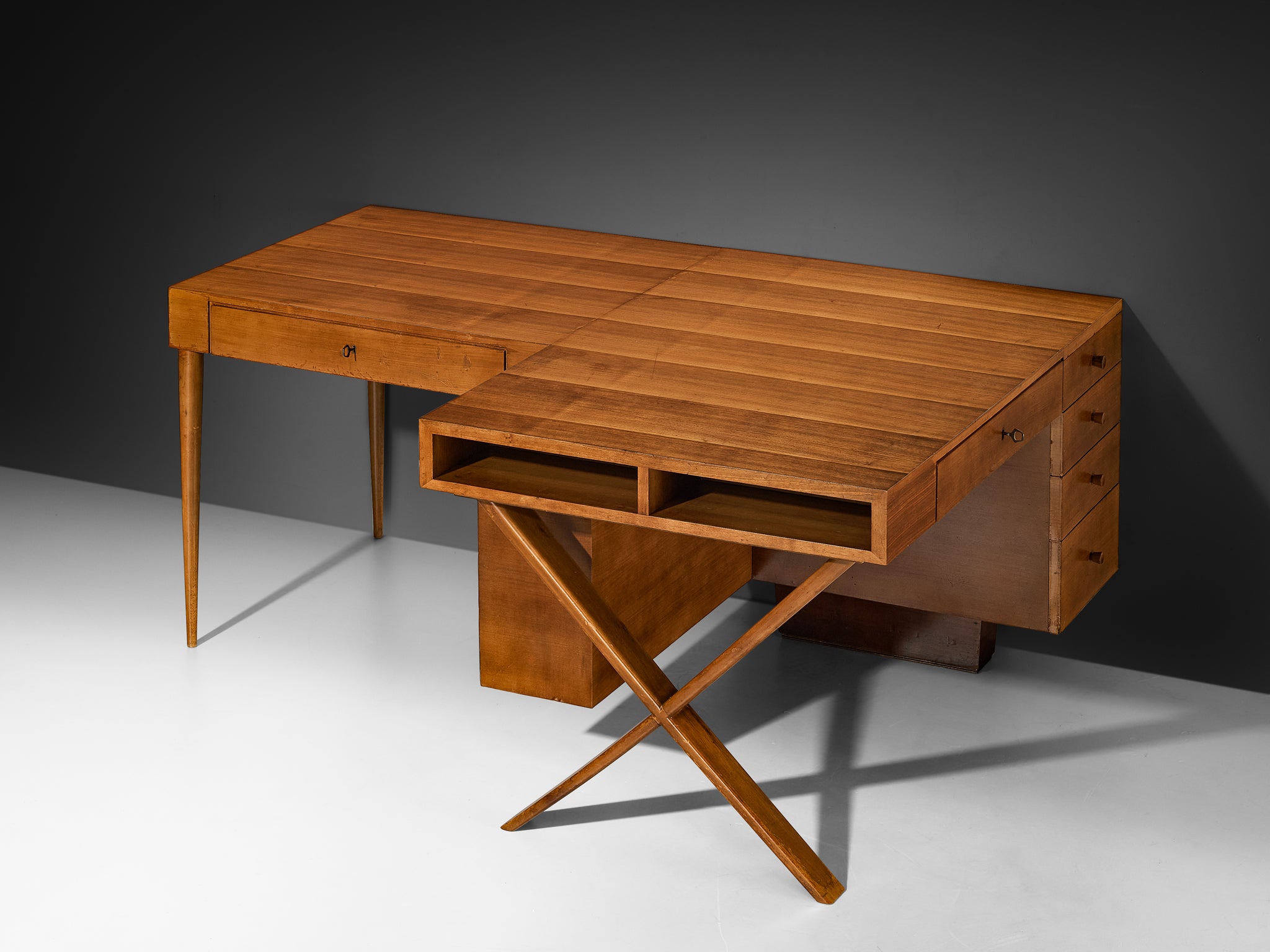 Unique Italian Duo Desk in Walnut with Marquetry Tables Morentz