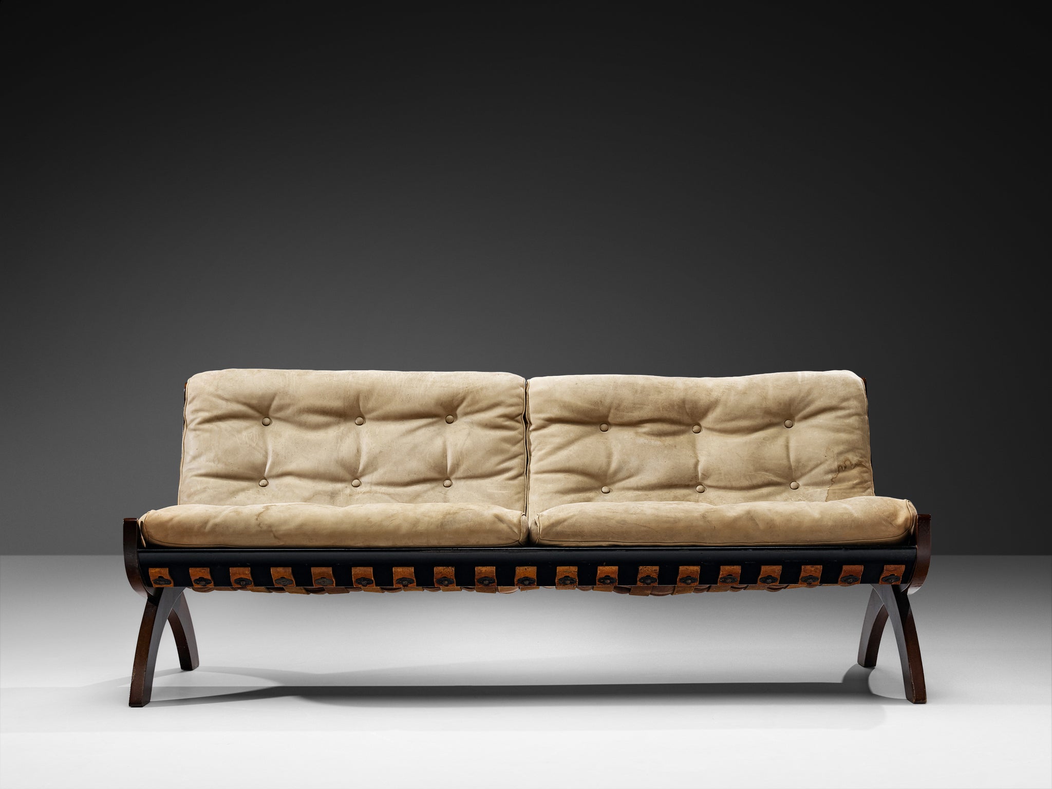 Marco Comolli Sofa in Walnut and Taupe Leather