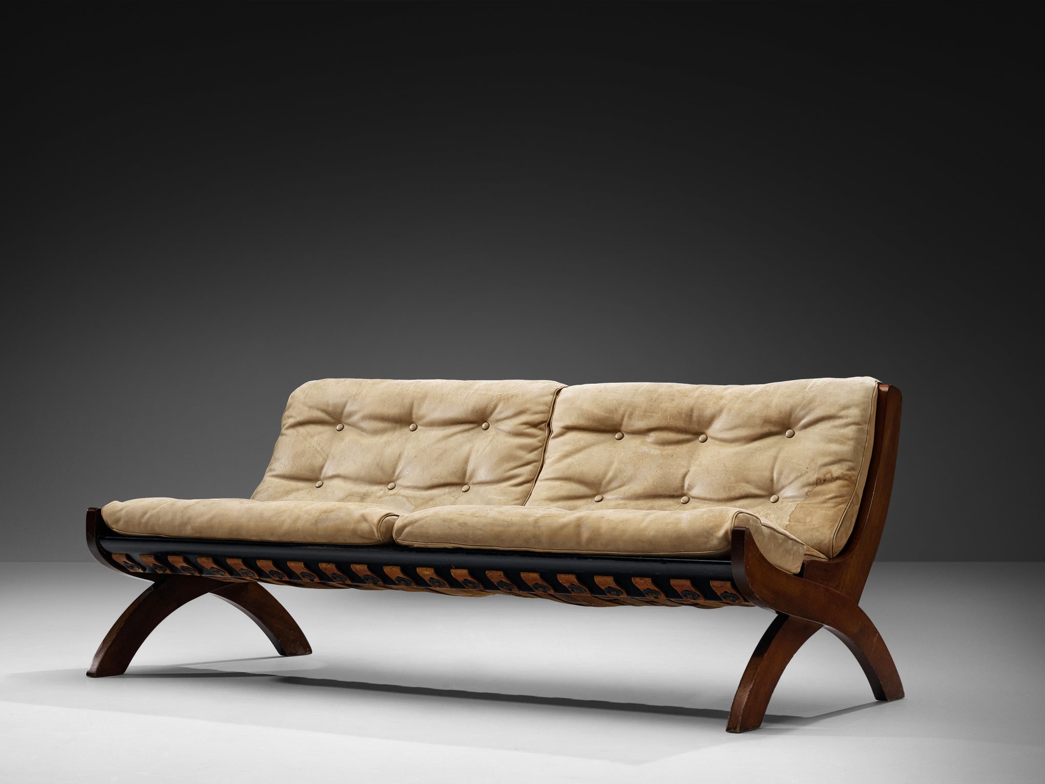 Marco Comolli Sofa in Walnut and Taupe Leather