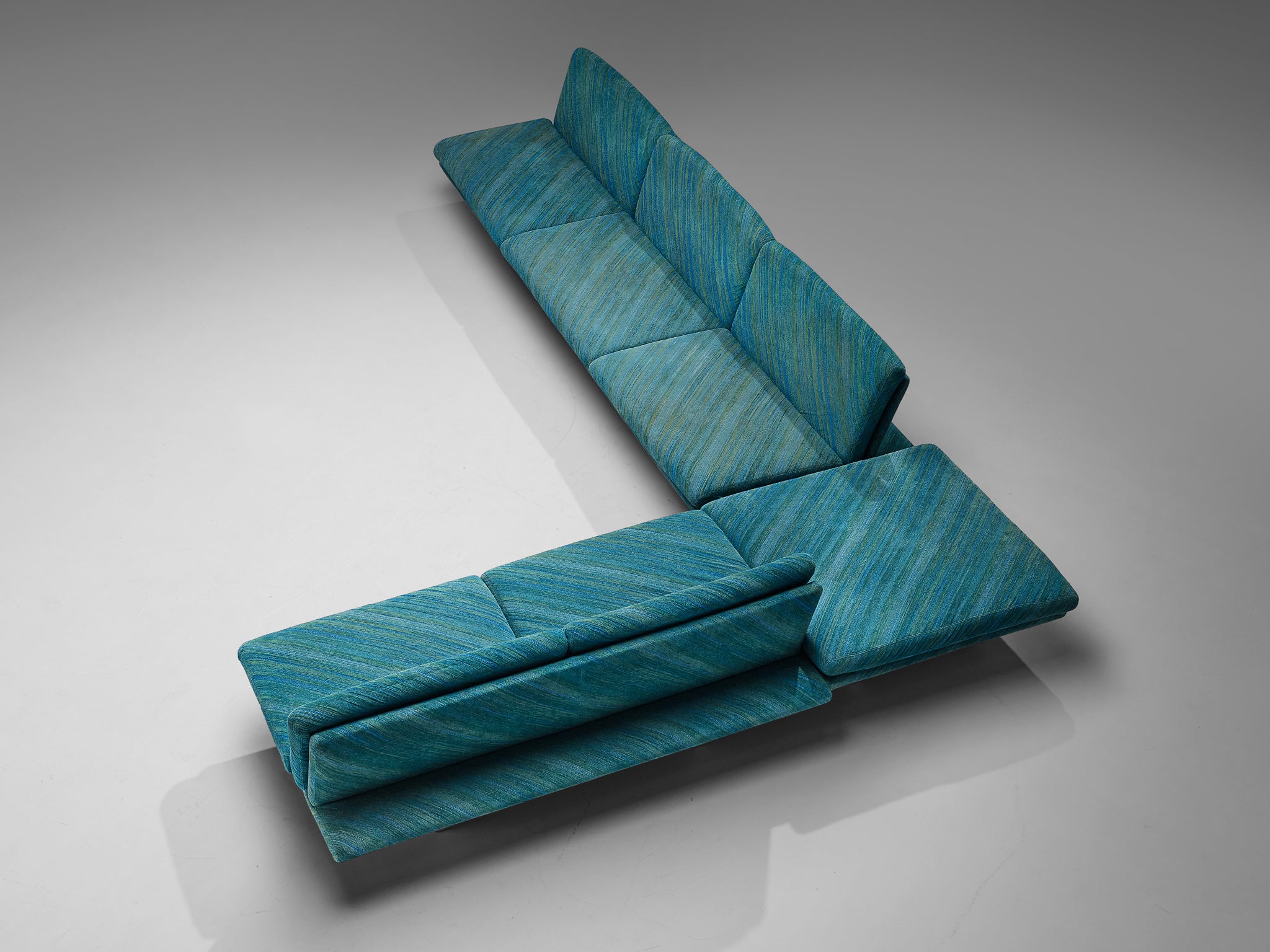 Streamlined Modern Living Room Set with Sofas and Ottoman in Green-Blue Patterned Upholstery and Chromed Metal Seating Morentz
