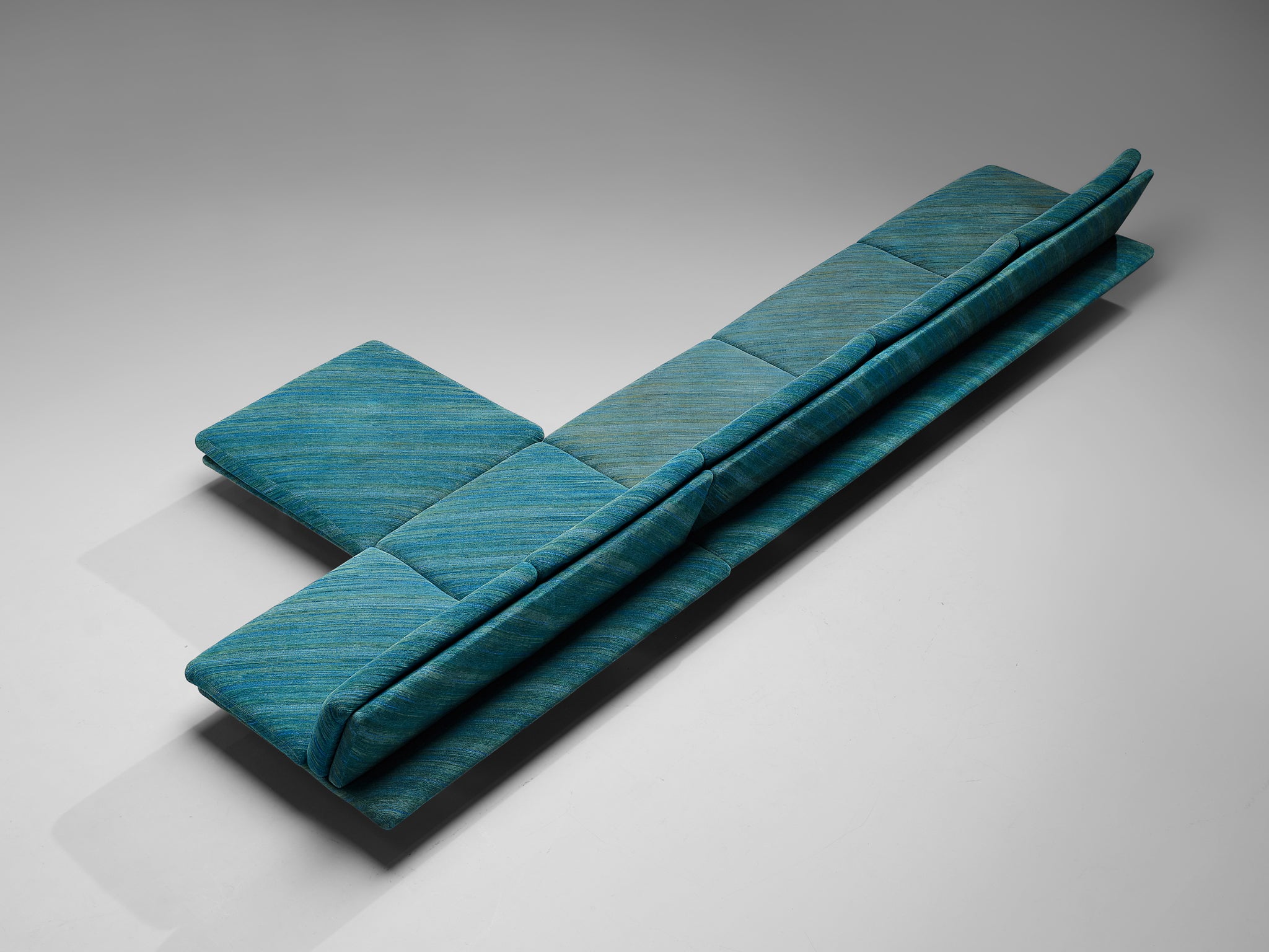 Streamlined Modern Living Room Set with Sofas and Ottoman in Green-Blue Patterned Upholstery and Chromed Metal Seating Morentz