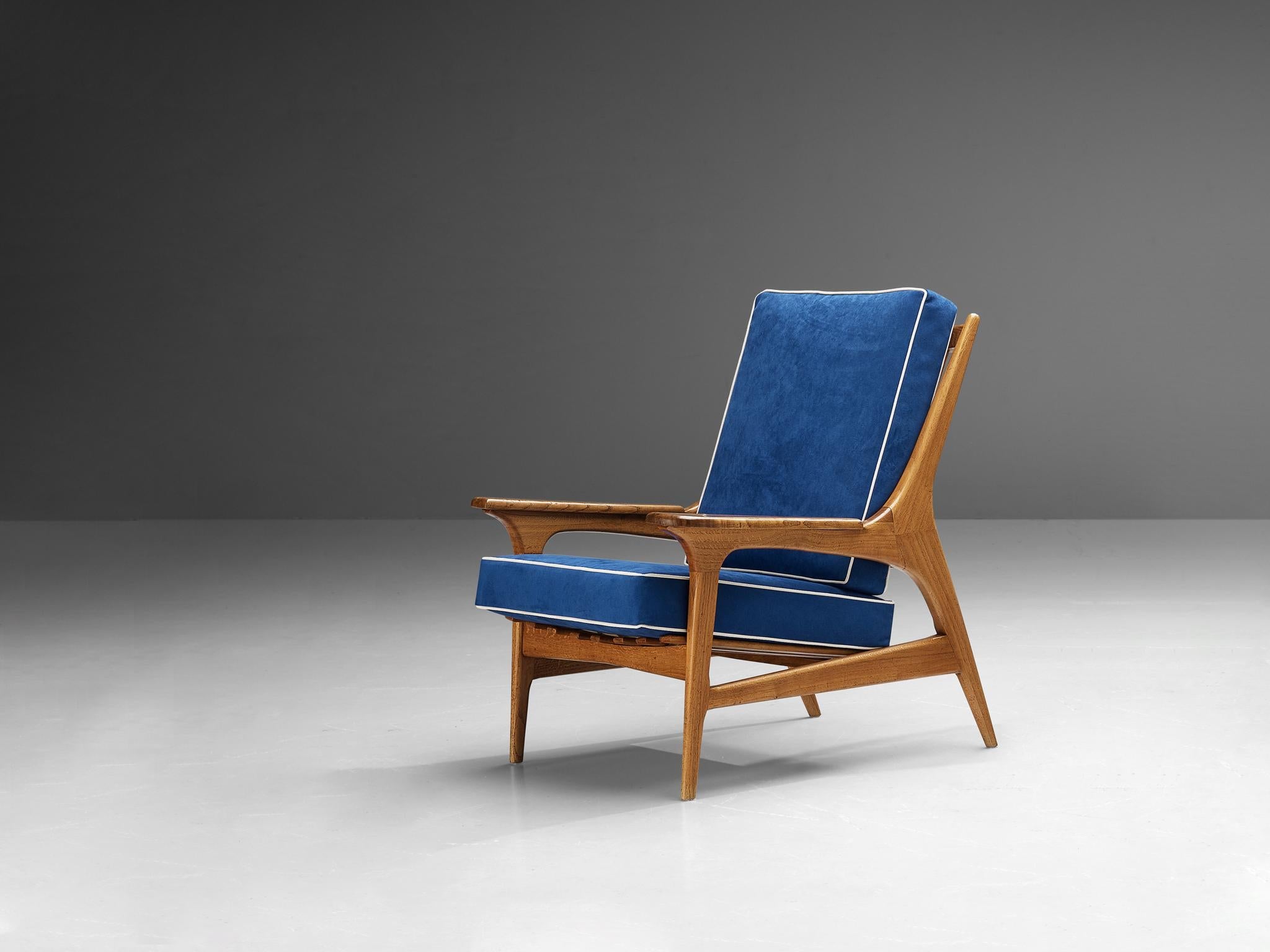 Eccentric Italian Lounge Chair in Oak and Blue Upholstery