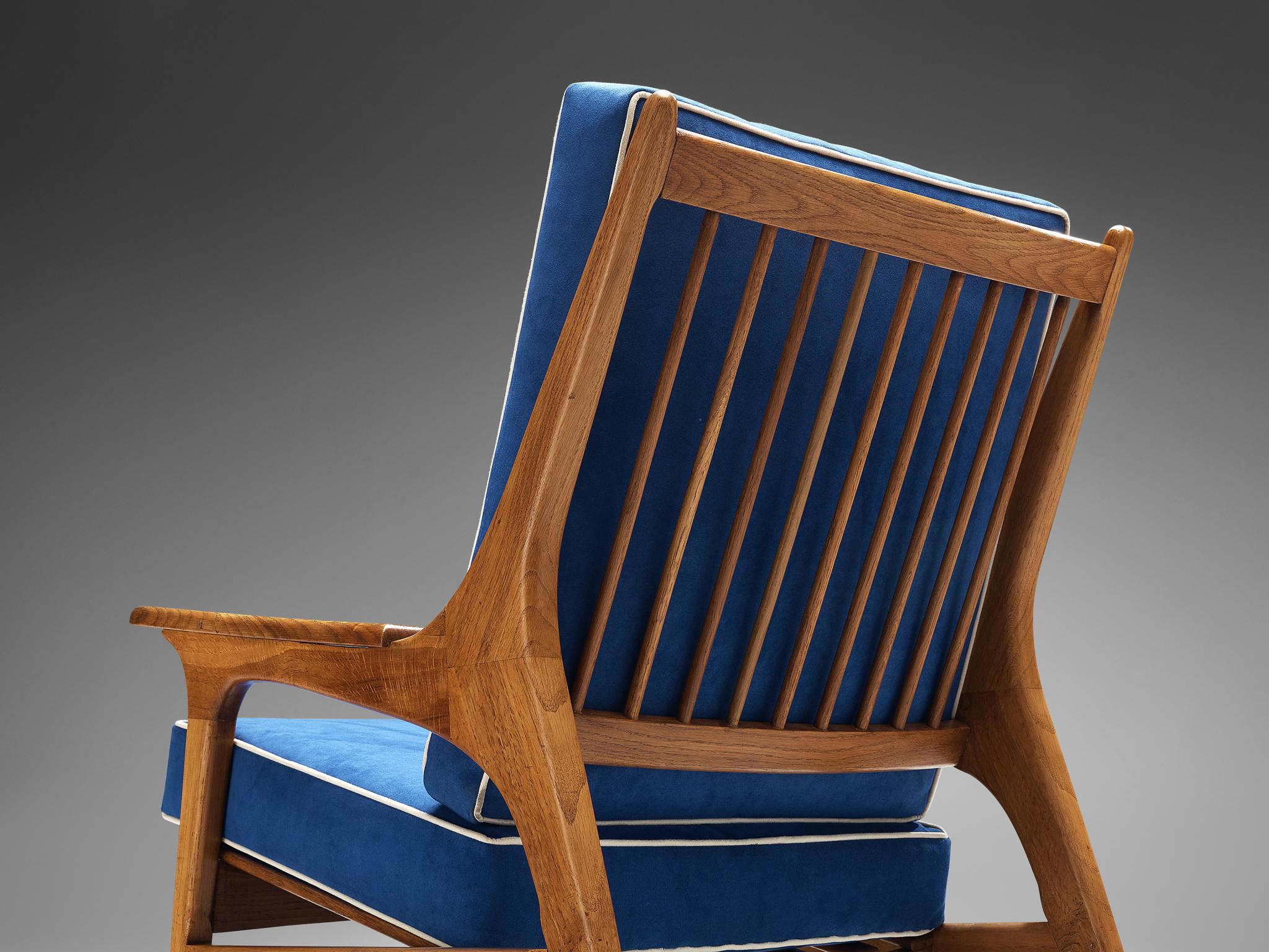 Eccentric Italian Lounge Chair in Oak and Blue Upholstery