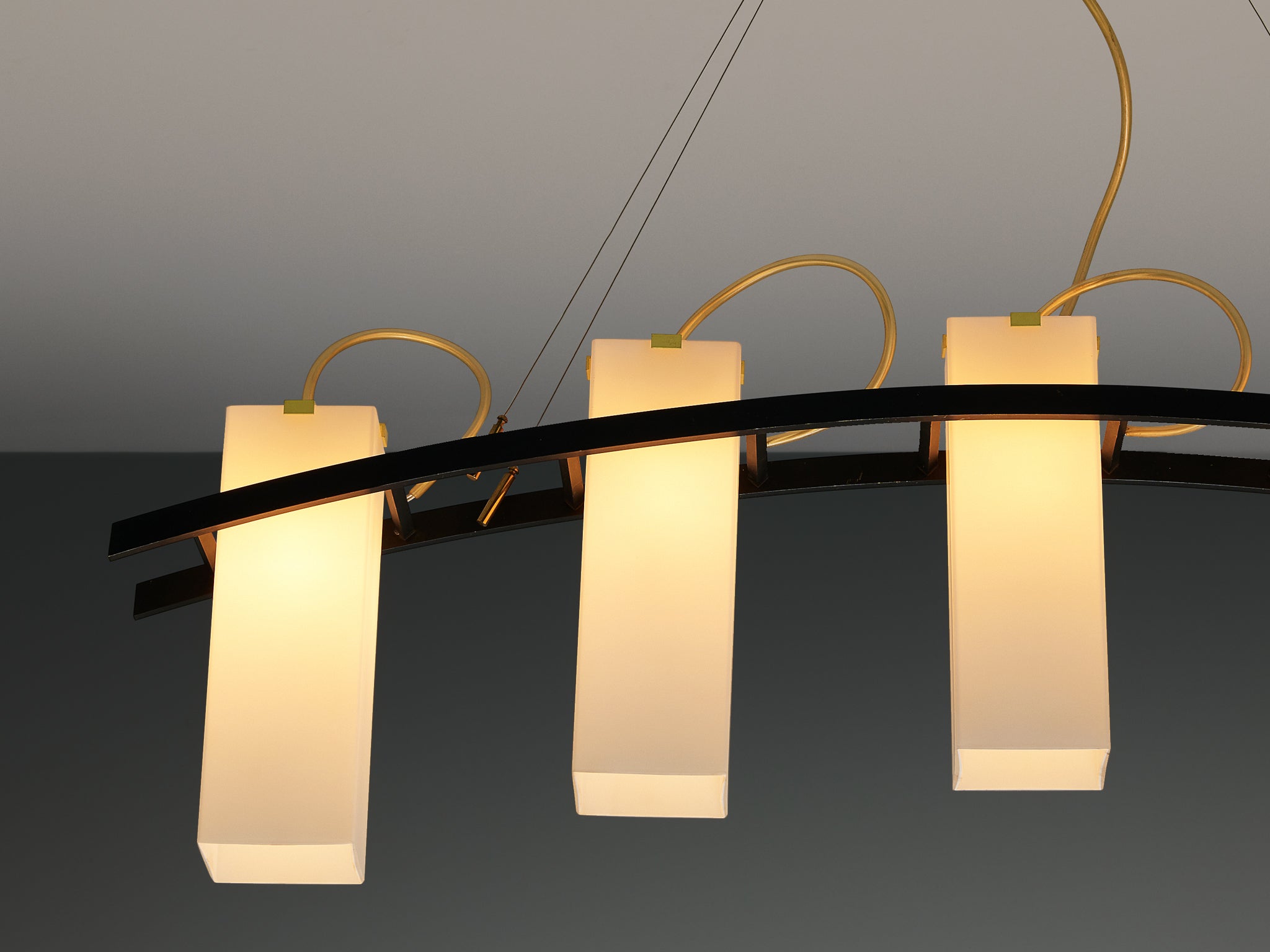 Angelo Lelii for Arredoluce Chandelier '12701' in Brass and Opaline Glass Lighting Morentz