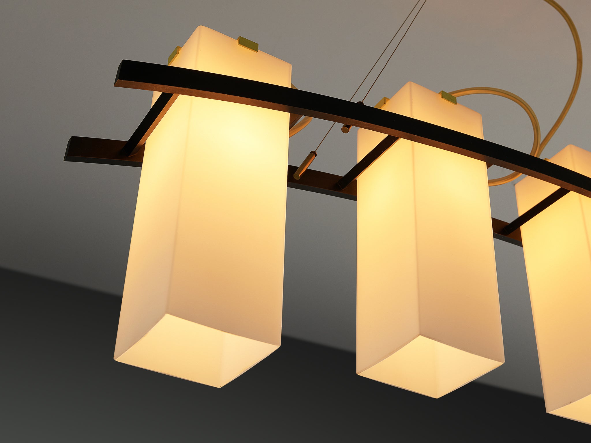 Angelo Lelii for Arredoluce Chandelier '12701' in Brass and Opaline Glass Lighting Morentz