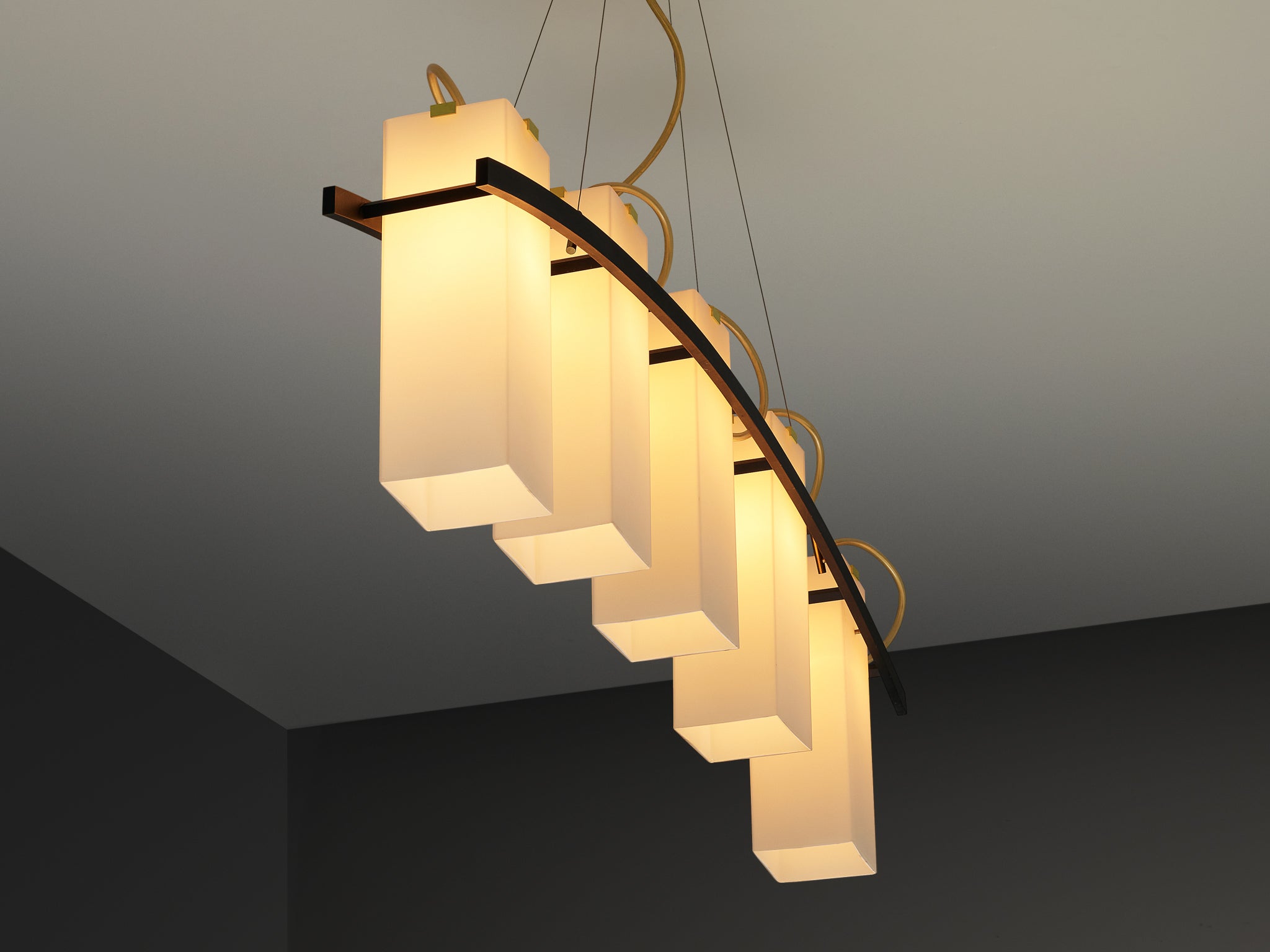 Angelo Lelii for Arredoluce Chandelier '12701' in Brass and Opaline Glass Lighting Morentz