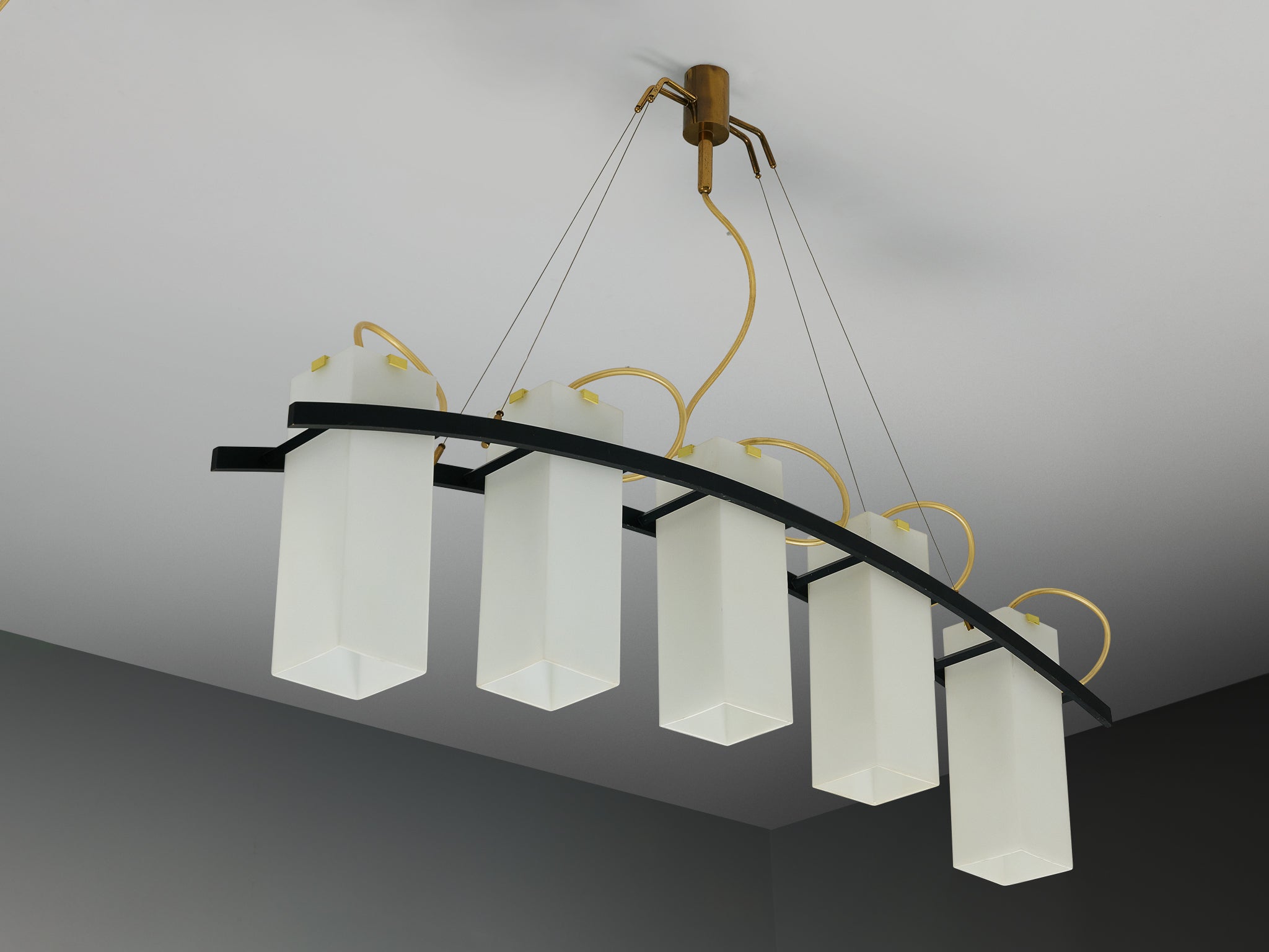 Angelo Lelii for Arredoluce Chandelier '12701' in Brass and Opaline Glass Lighting Morentz