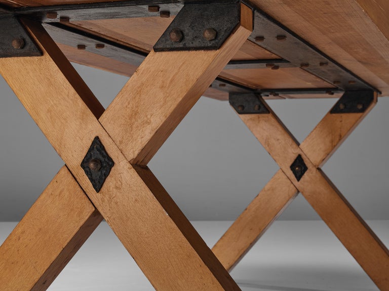 Rustic Italian Oak Cross-Legged Dining Table with Metal