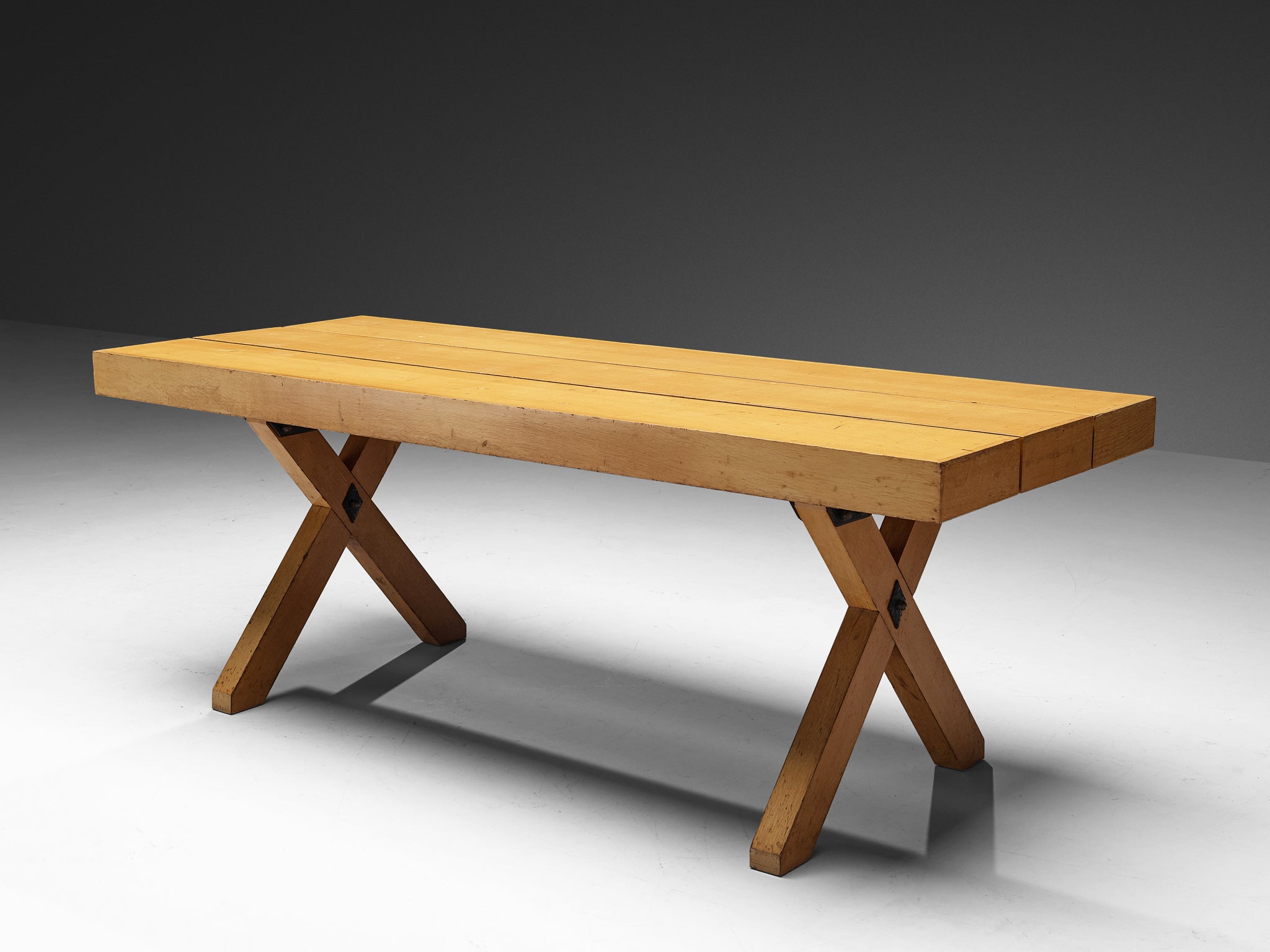 Rustic Italian Oak Cross-legged Dining Table with Iron Tables Morentz