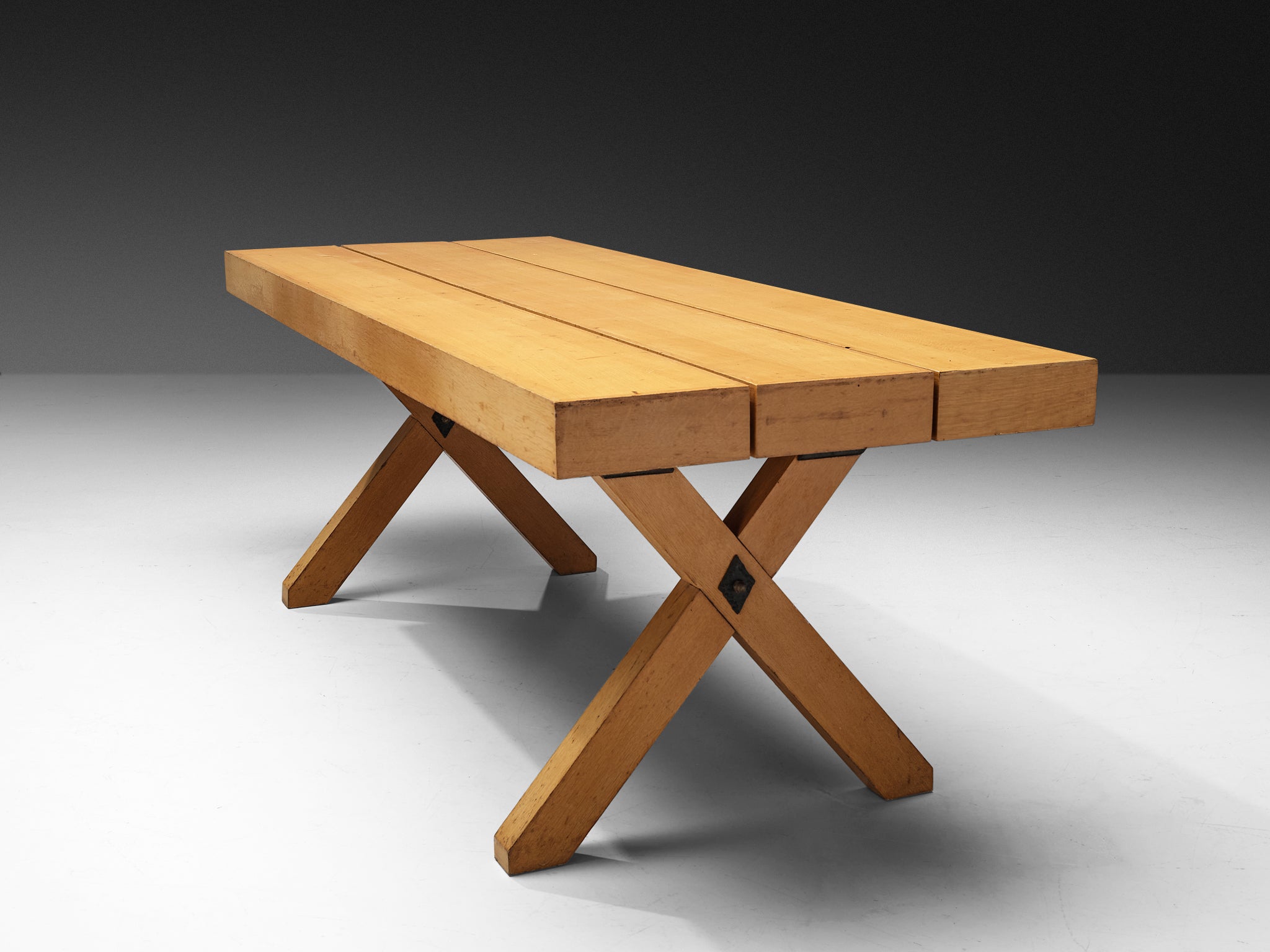 Rustic Italian Oak Cross-legged Dining Table with Iron Tables Morentz