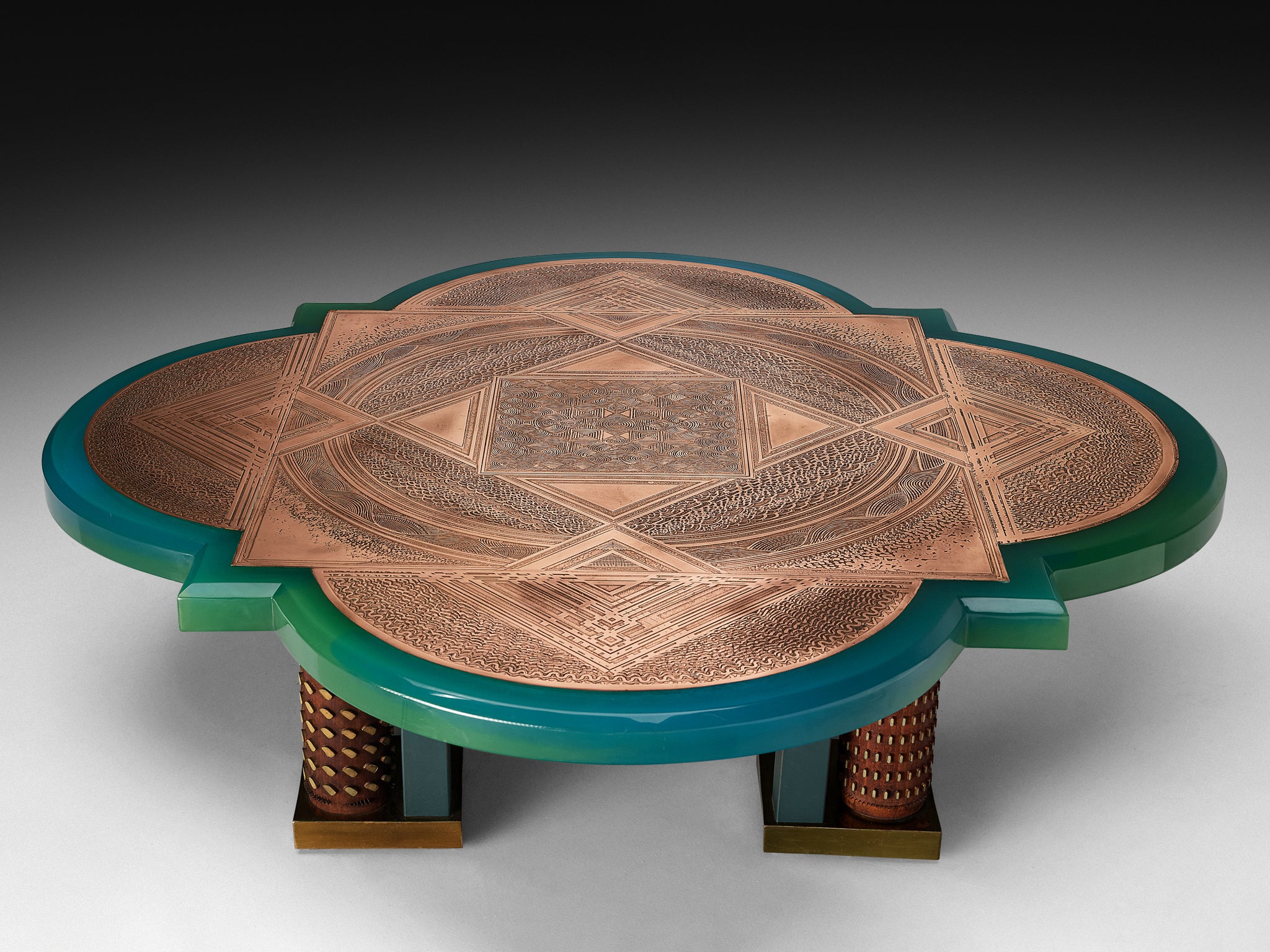 Unique Armand Jonckers Coffee Table in Green Resin and Copper