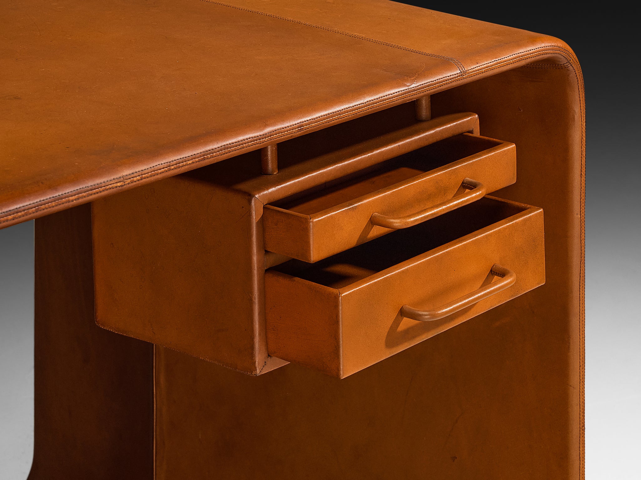 Rolf Thies Unique Free-Standing Desk in Cognac Leather and Marble Tables Morentz