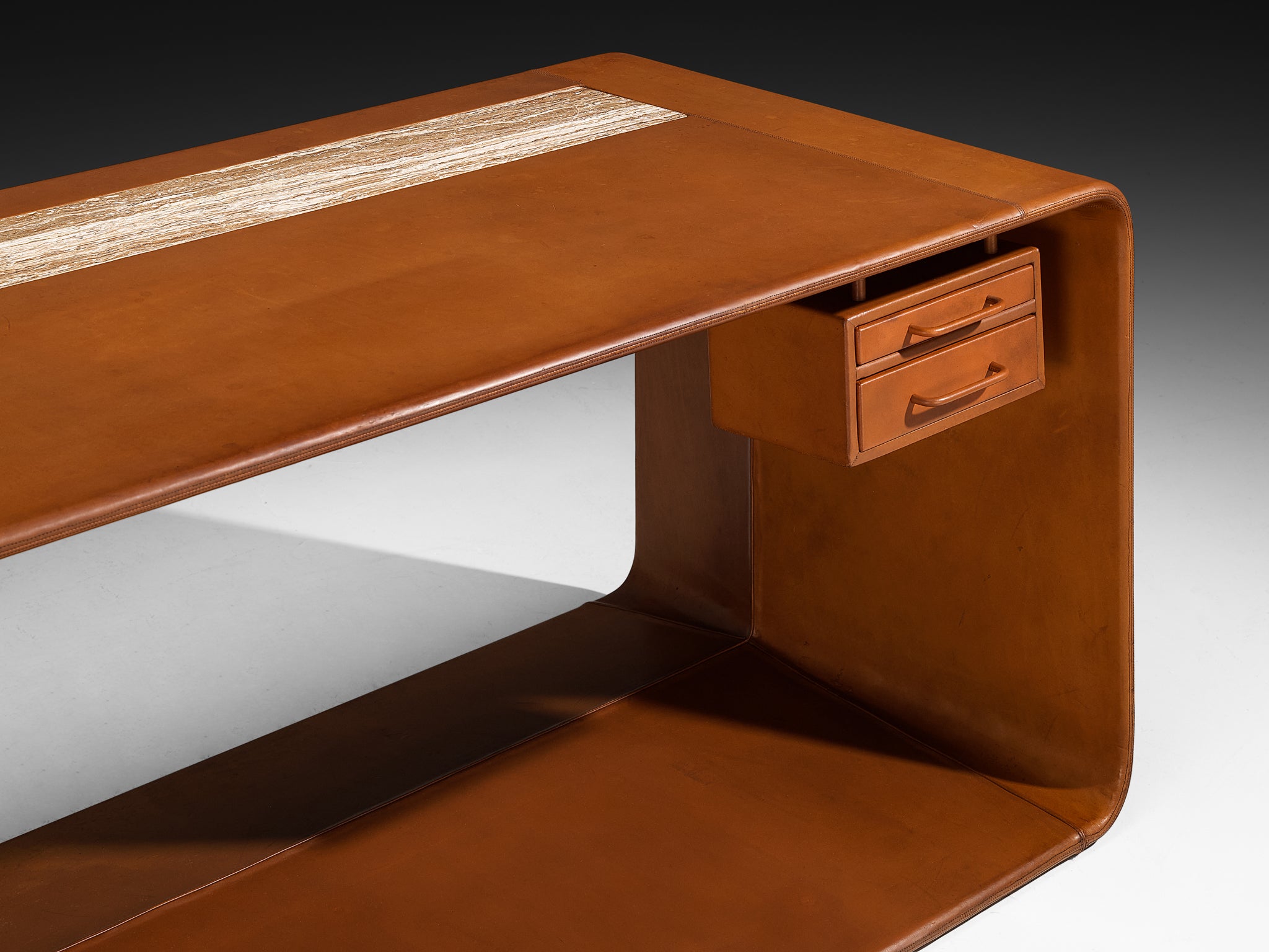 Rolf Thies Unique Free-Standing Desk in Cognac Leather and Marble Tables Morentz