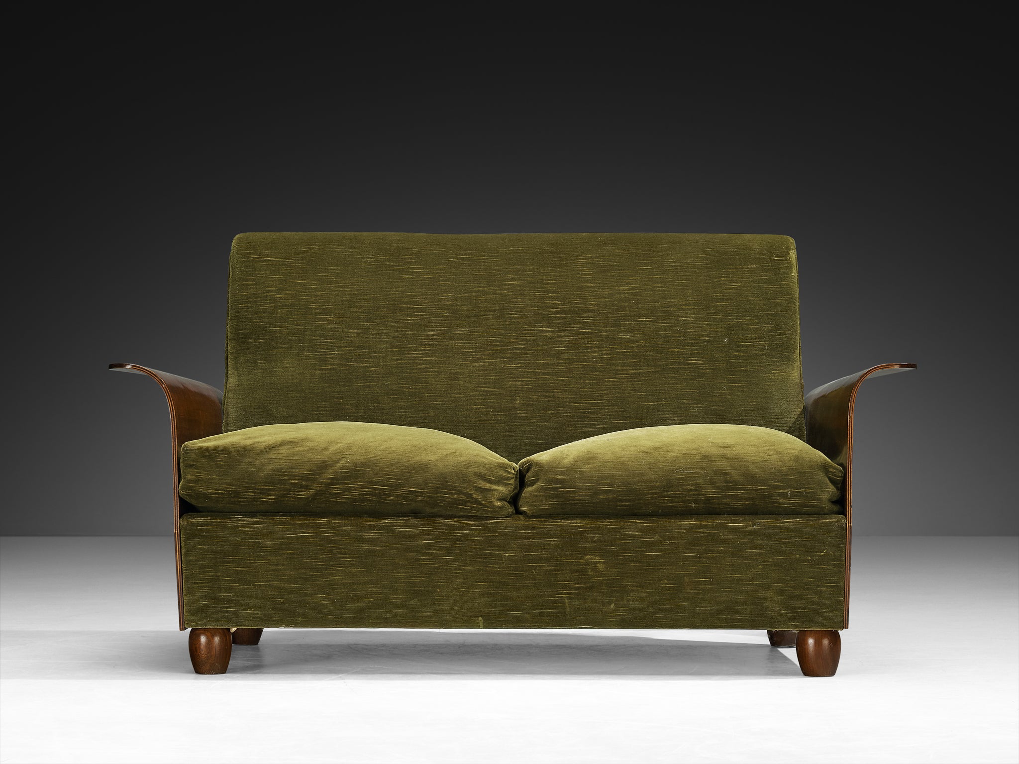 Mid-Century Modern Italian Two Seater Sofa in Green Velvet and Mahogany Seating Morentz