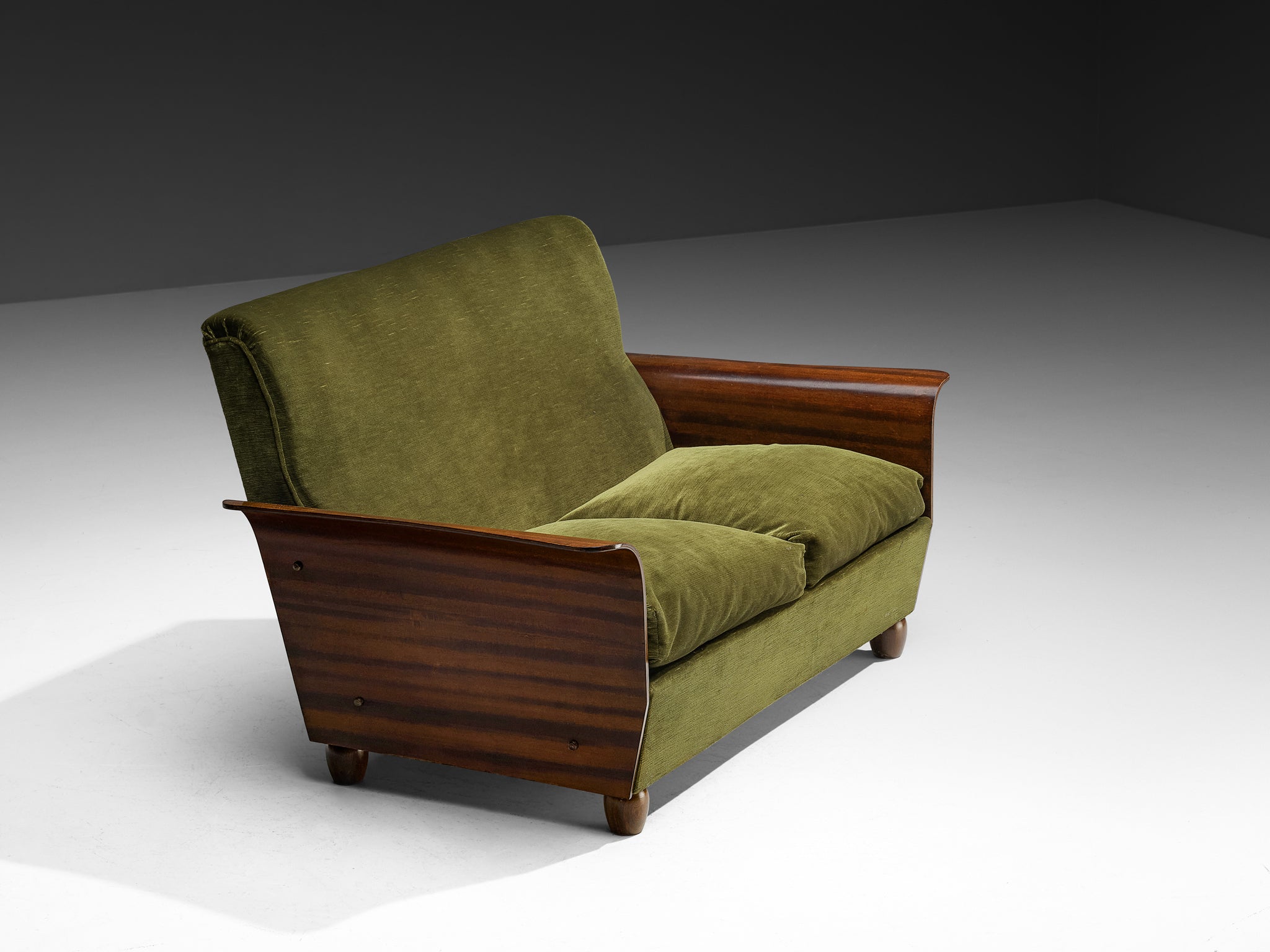 Mid-Century Modern Italian Two Seater Sofa in Green Velvet and Mahogany Seating Morentz