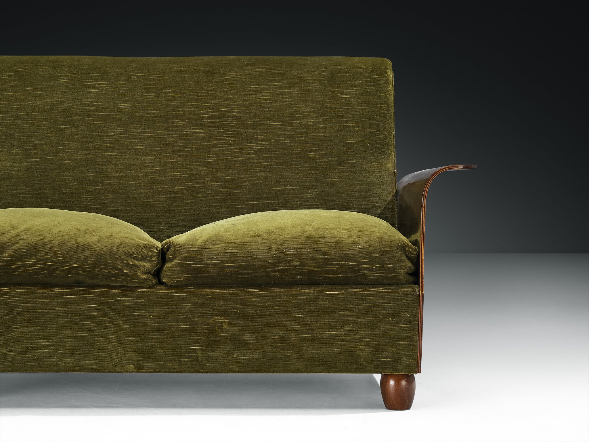 Mid-Century Modern Italian Two Seater Sofa in Green Velvet and Mahogany Seating Morentz