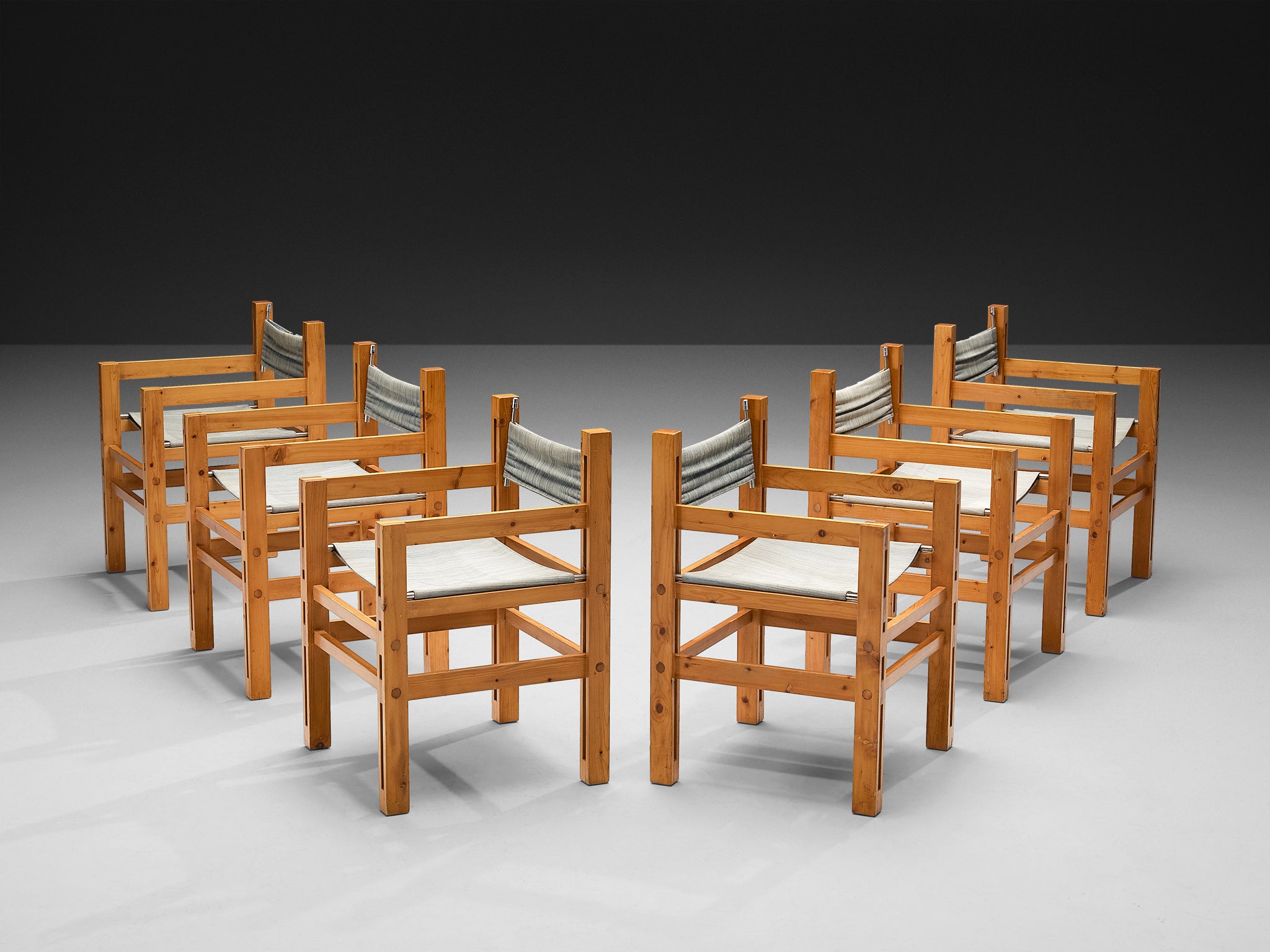 Italian Set of Six Armchairs in Pine with Light Blue Laced Backrest Seating Morentz