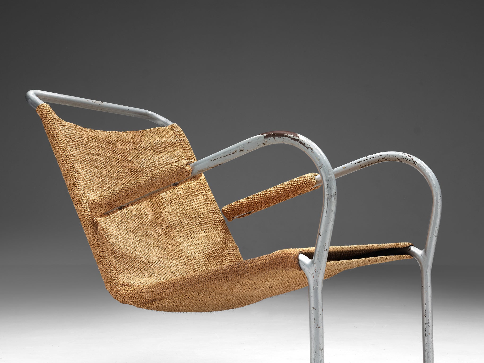 Bas Van Pelt Patinated Tubular Armchair in Metal and Sisal seating Morentz