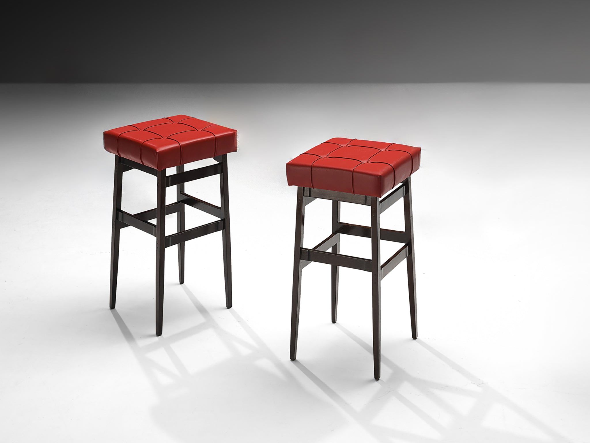 Gianfranco Frattini for Cassina Barstools in Stained Walnut and Red Leatherette Seating Morentz