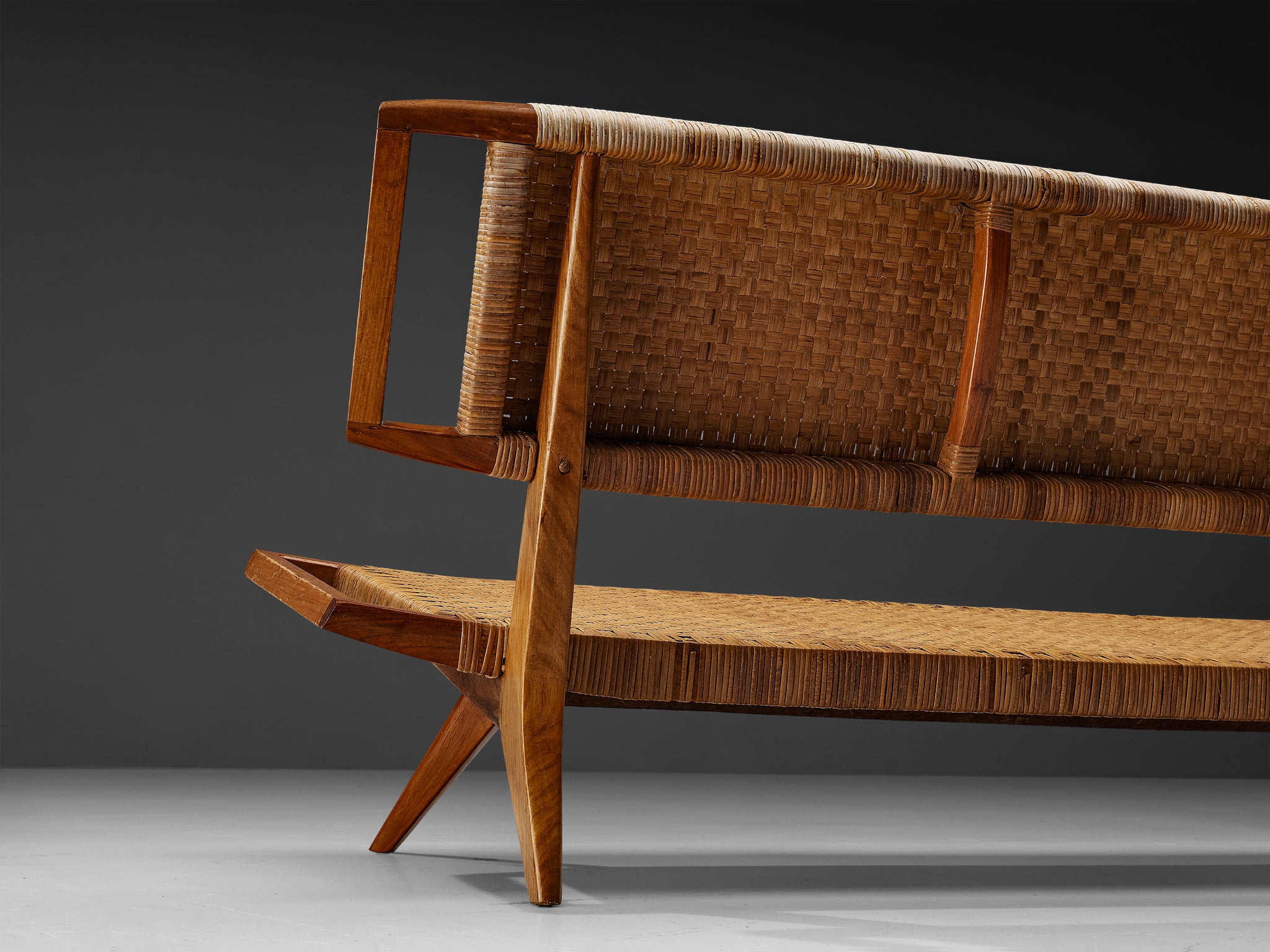 Paul Láslzó Bench in Mahogany and Cane Seating Morentz