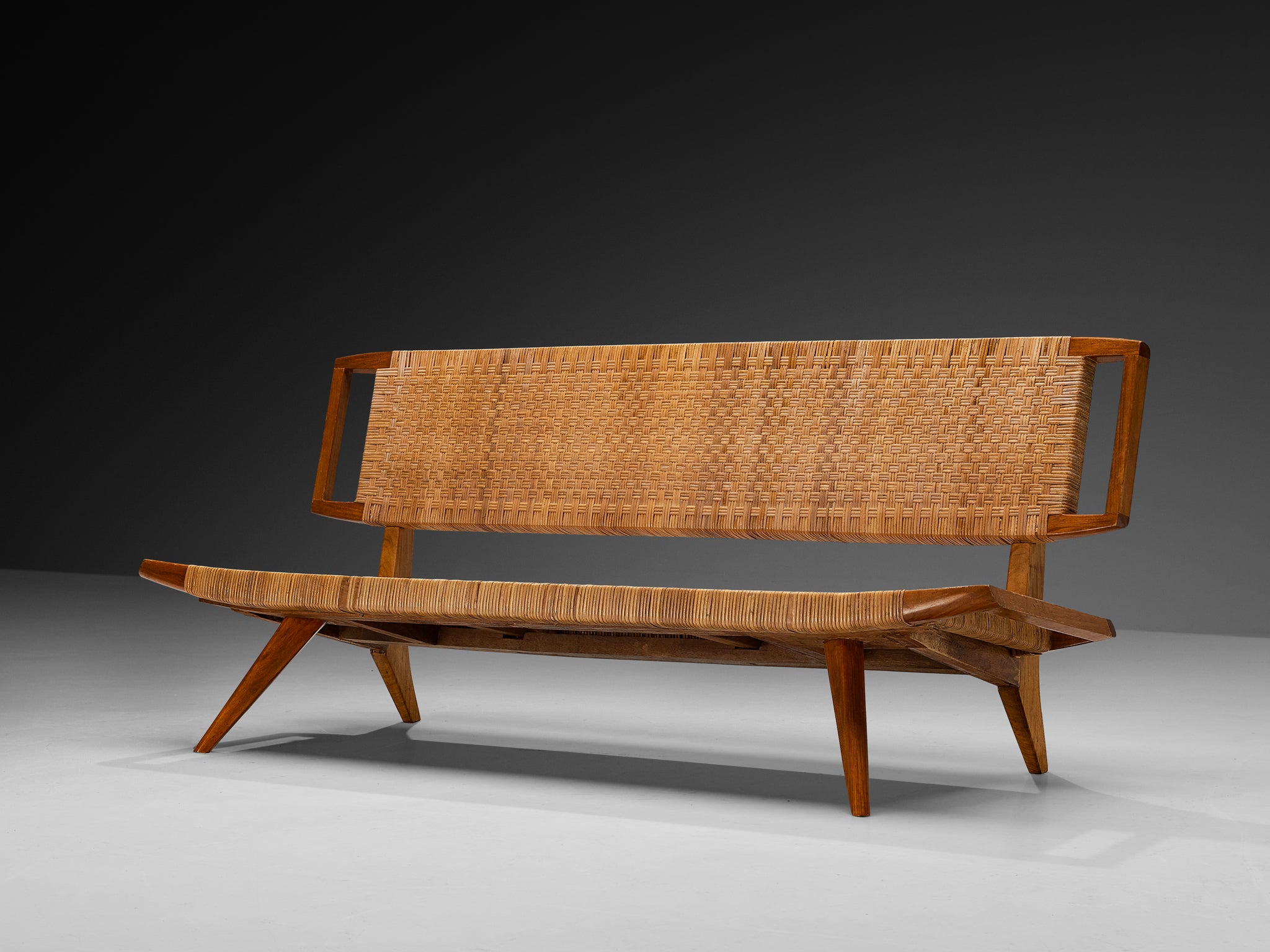 Paul Láslzó Bench in Mahogany and Cane Seating Morentz