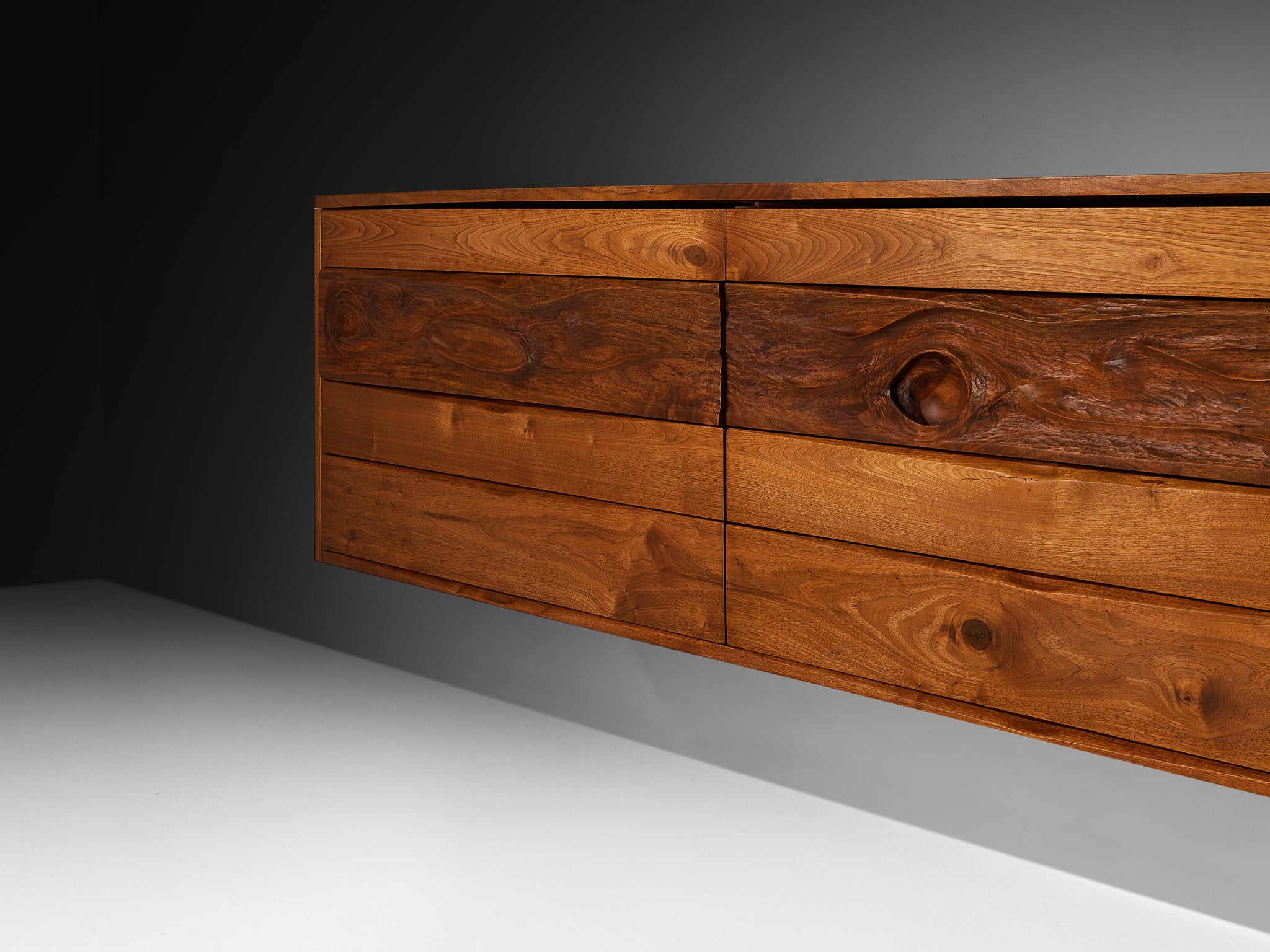 Phillip Lloyd Powell Long Wall-Mounted Sideboard in Carved Walnut Case pieces and storage cabinets Morentz