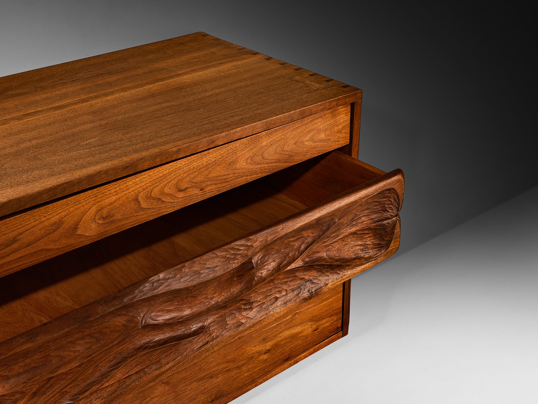 Phillip Lloyd Powell Long Wall-Mounted Sideboard in Carved Walnut Case pieces and storage cabinets Morentz