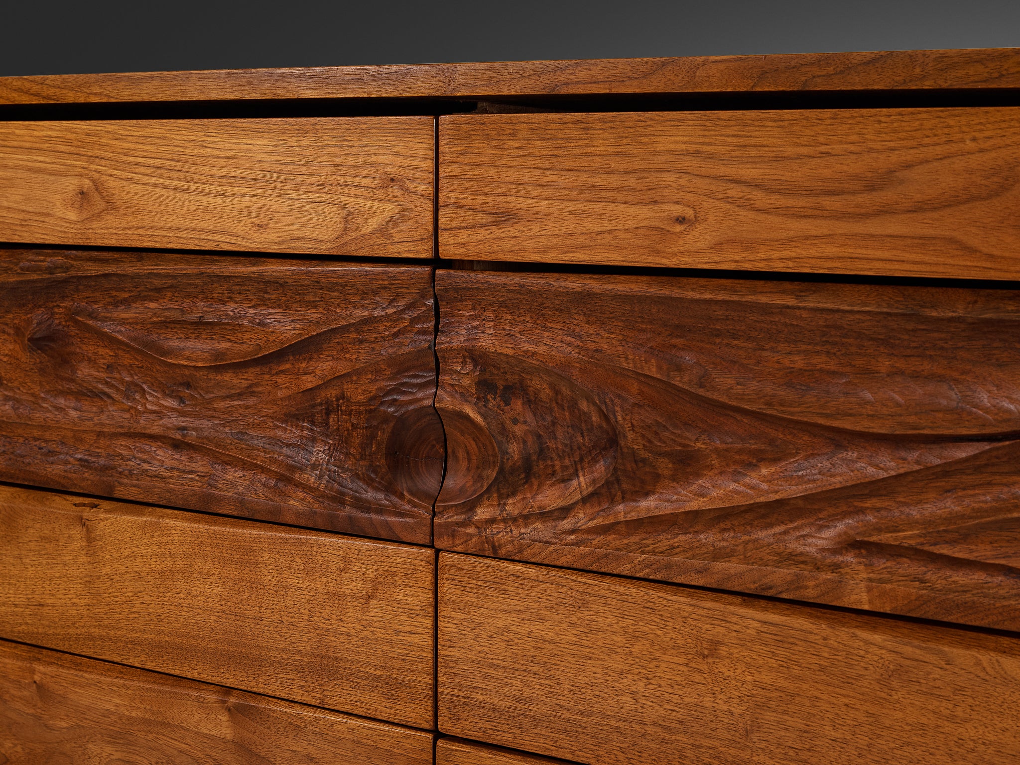 Phillip Lloyd Powell Long Wall-Mounted Sideboard in Carved Walnut Case pieces and storage cabinets Morentz