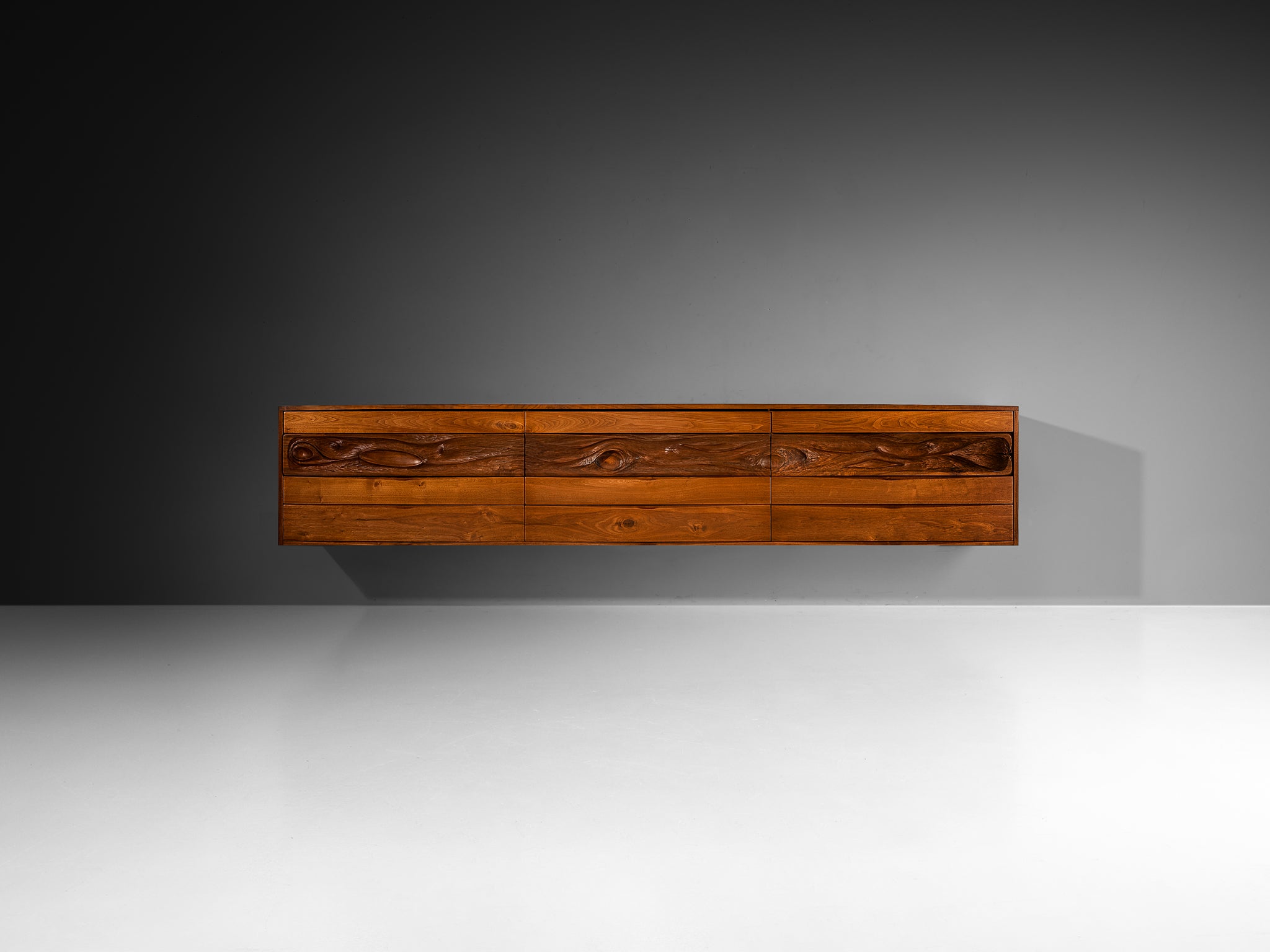 Phillip Lloyd Powell Long Wall-Mounted Sideboard in Carved Walnut Case pieces and storage cabinets Morentz