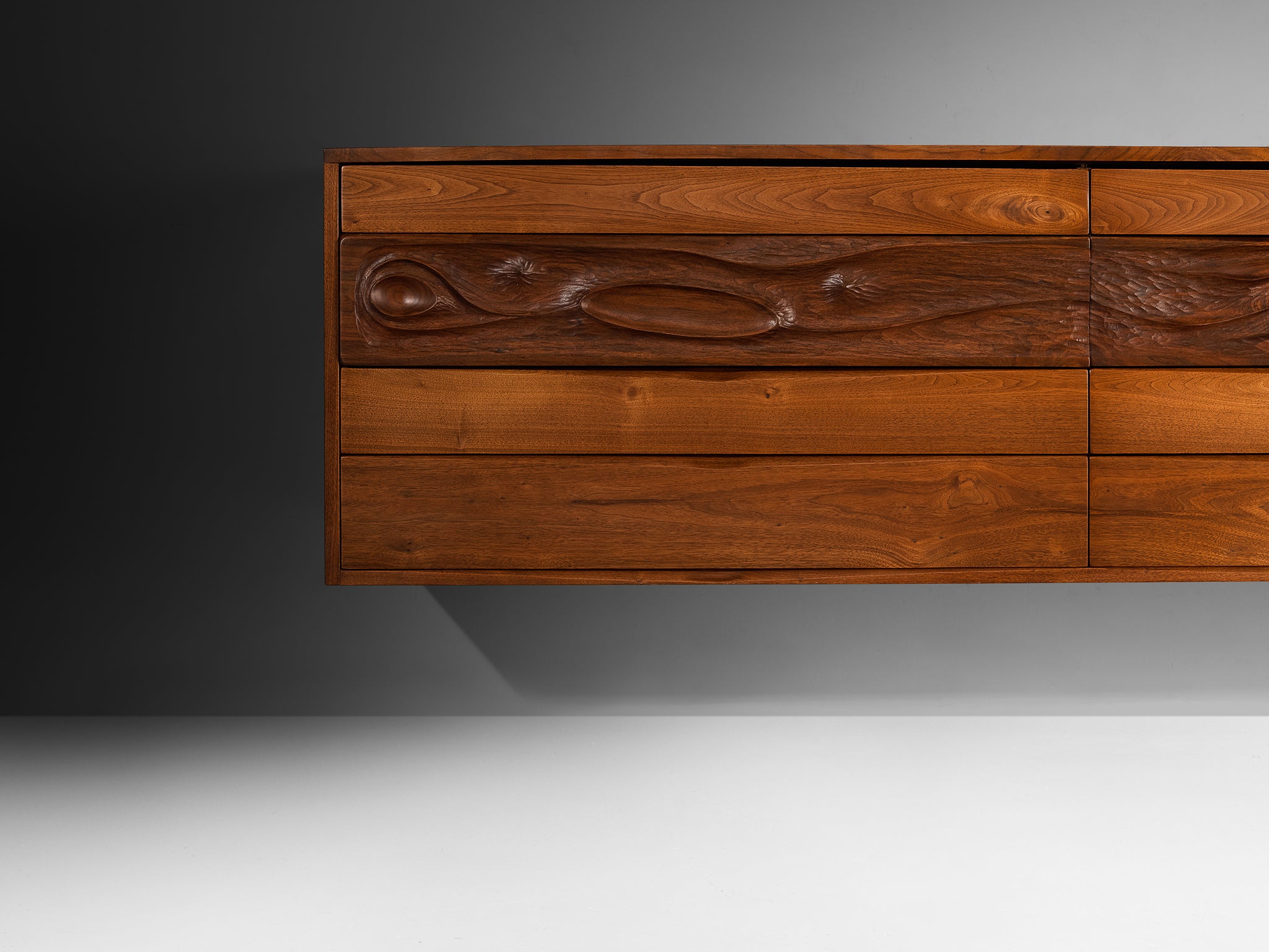 Phillip Lloyd Powell Long Wall-Mounted Sideboard in Carved Walnut Case pieces and storage cabinets Morentz