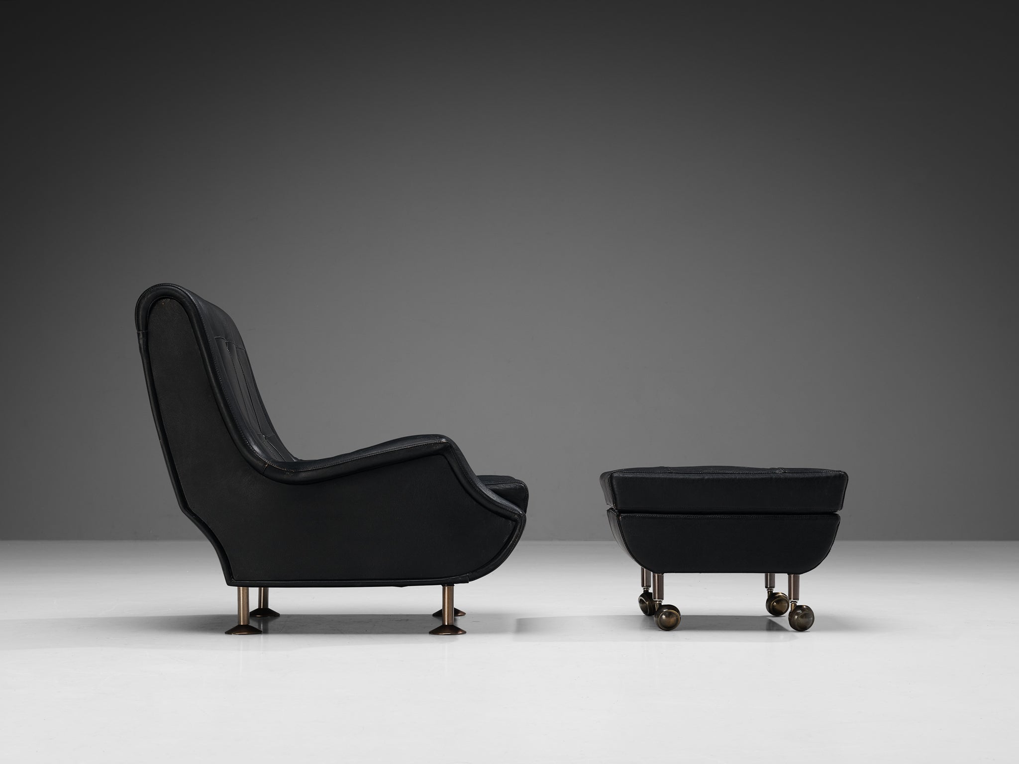 Marco Zanuso for Arflex 'Regent' Lounge Chair and Ottoman in Black Leather seating Morentz