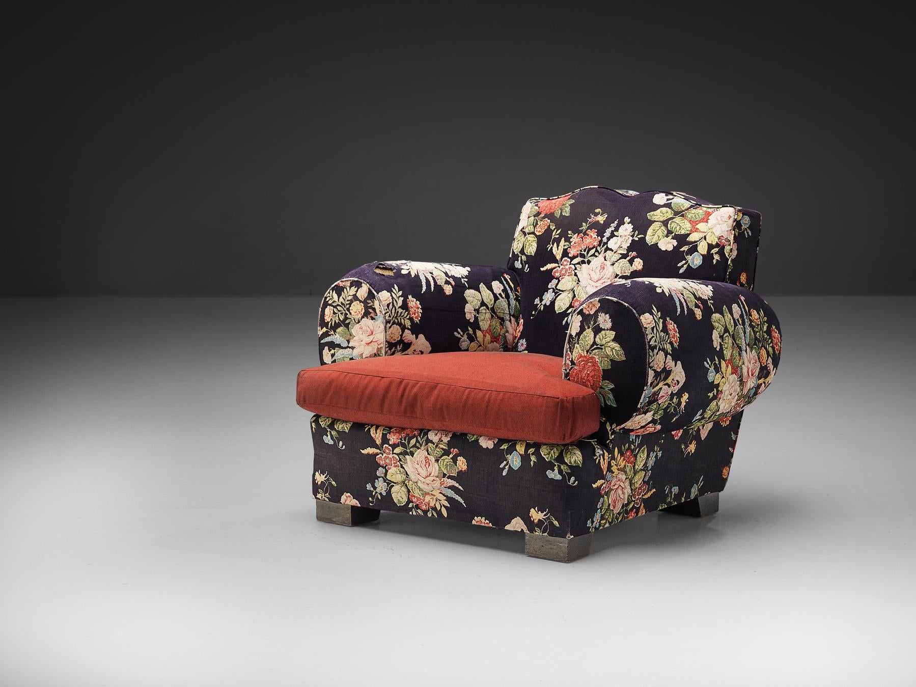 French Art Deco Lounge Chair in Floral Upholstery