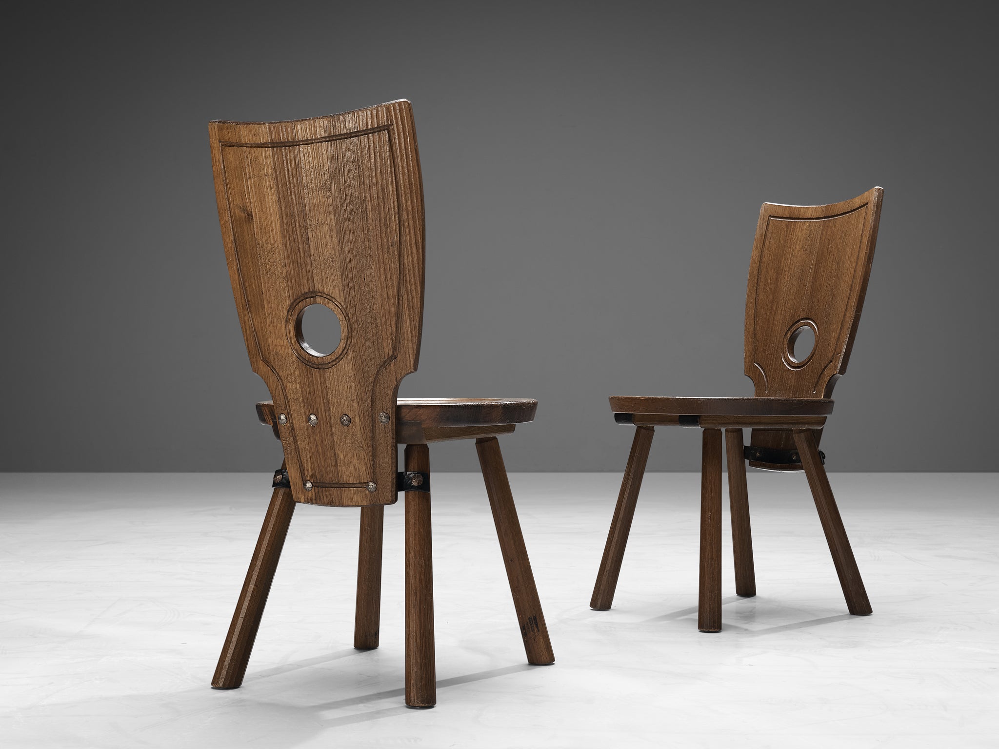 Rustic French Set of Eight Dining Chairs in Solid Oak and Iron Seating Morentz