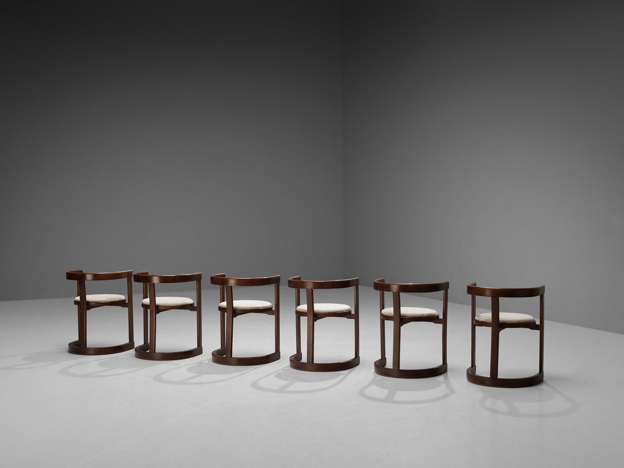 Italian Set of Six Dining Chairs in Stained Wood and Off-White Upholstery Seating Morentz