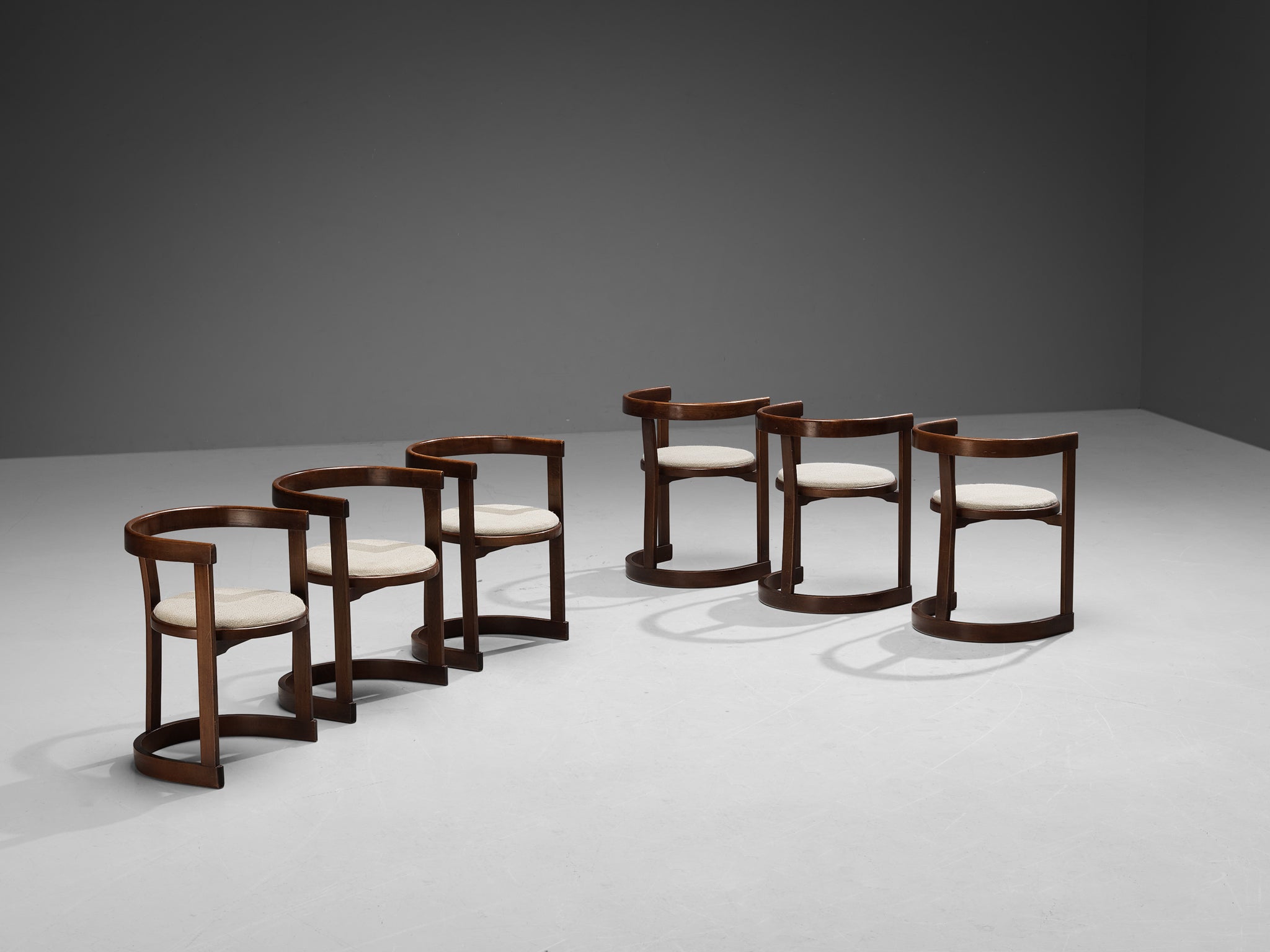 Italian Set of Six Dining Chairs in Stained Wood and Off-White Upholstery Seating Morentz