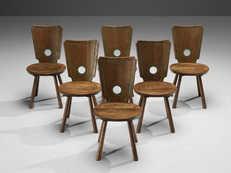 Rustic Set of Six French Dining Chairs in Solid Oak