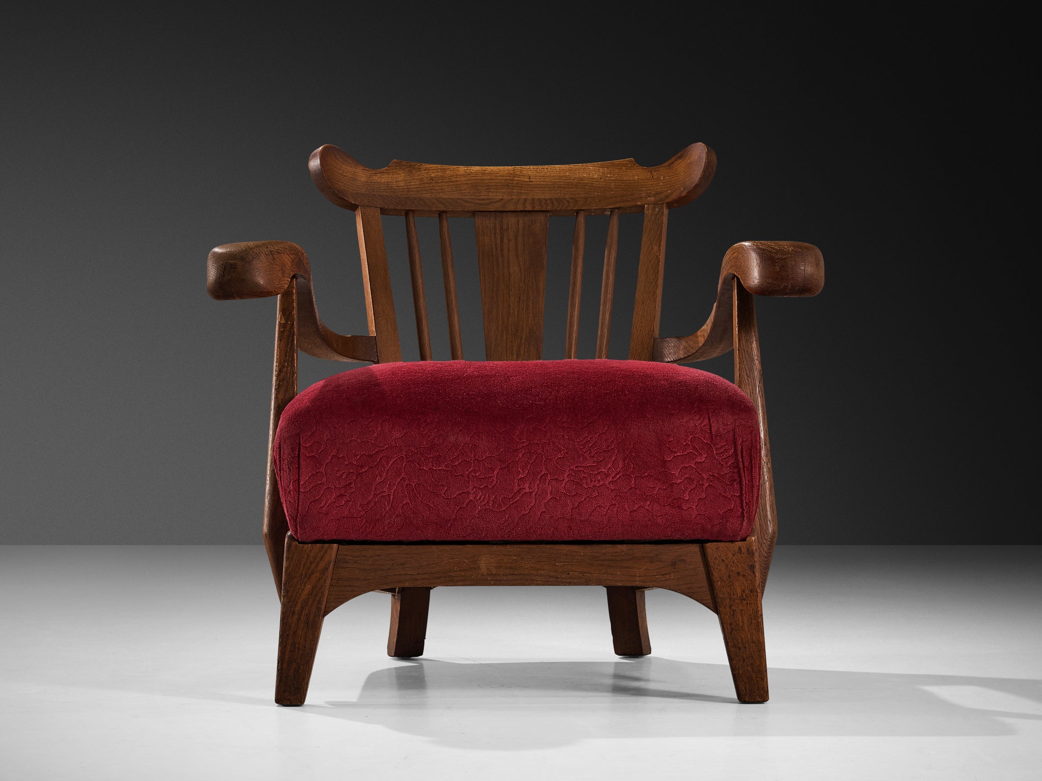 Sculpted French Pair of Armchairs in Oak and Burgundy Velvet Upholstery Seating Morentz