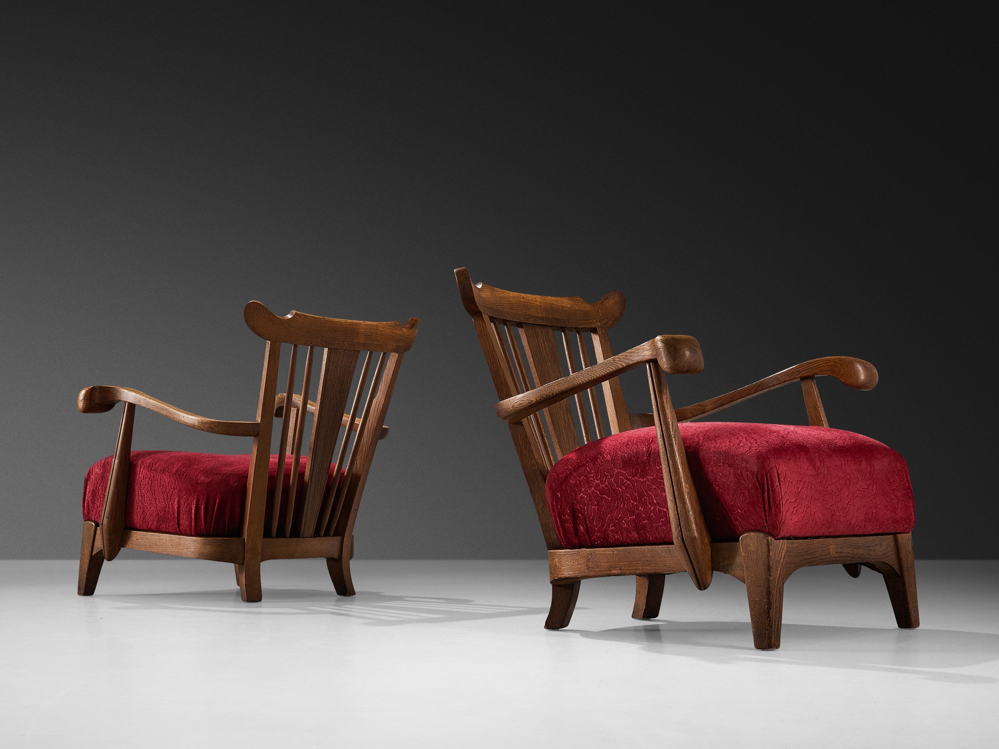 Sculpted French Pair of Armchairs in Oak and Burgundy Velvet Upholstery Seating Morentz