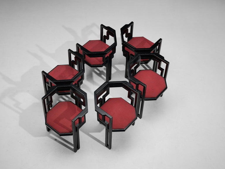 Italian Set of Six Dining Chairs in Oak and Vibrant Red Upholstery
