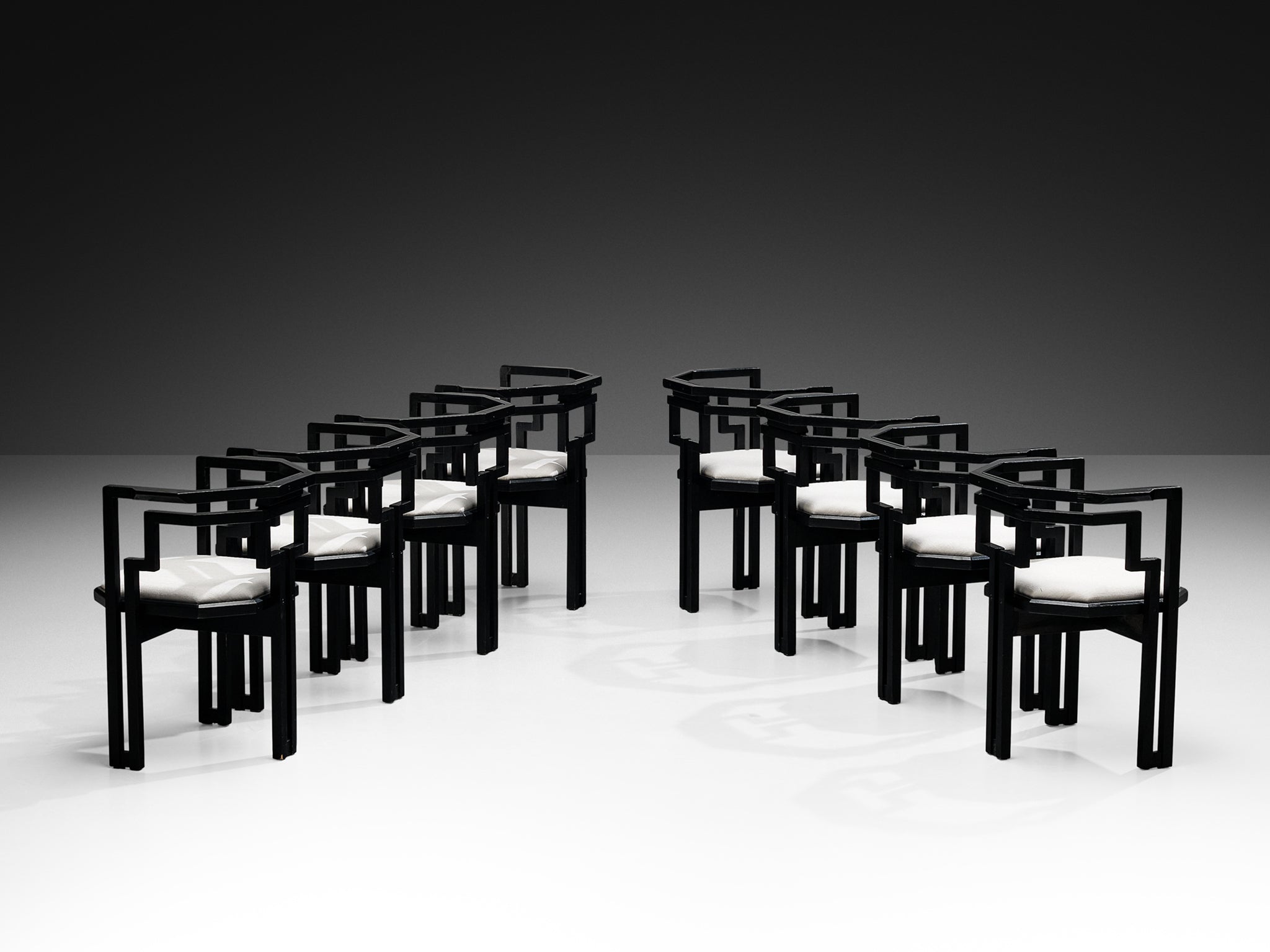 Italian Set of Eight Dining Chairs in Oak and White Upholstery