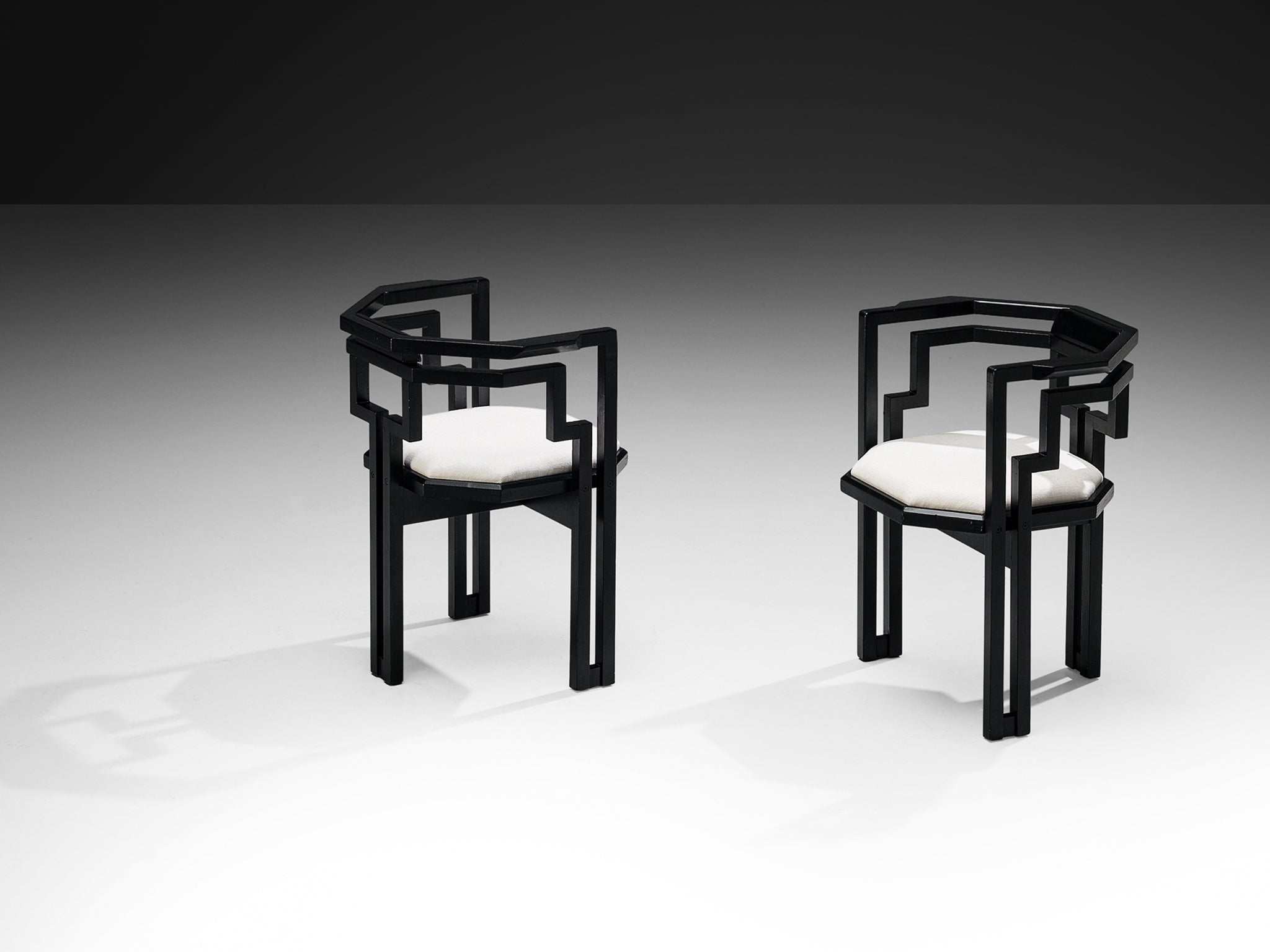 Italian Set of Eight Dining Chairs in Oak and White Upholstery