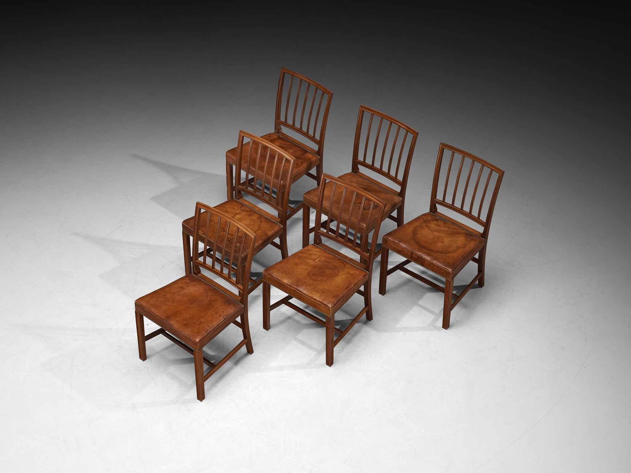 Jacob Kjaer for 1937 Paris World Fair Set of Six Dining Chairs in Mahogany and Niger Leather Seating Morentz