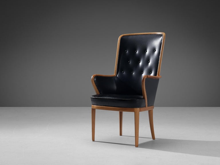 Carl Malmsten High Back Chair in Walnut and Black Leather