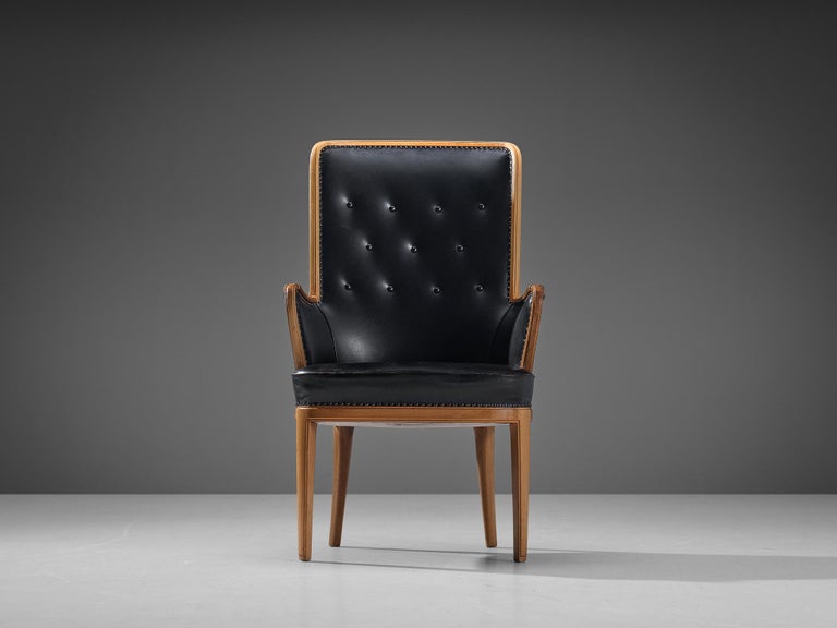 Carl Malmsten High Back Chair in Walnut and Black Leather