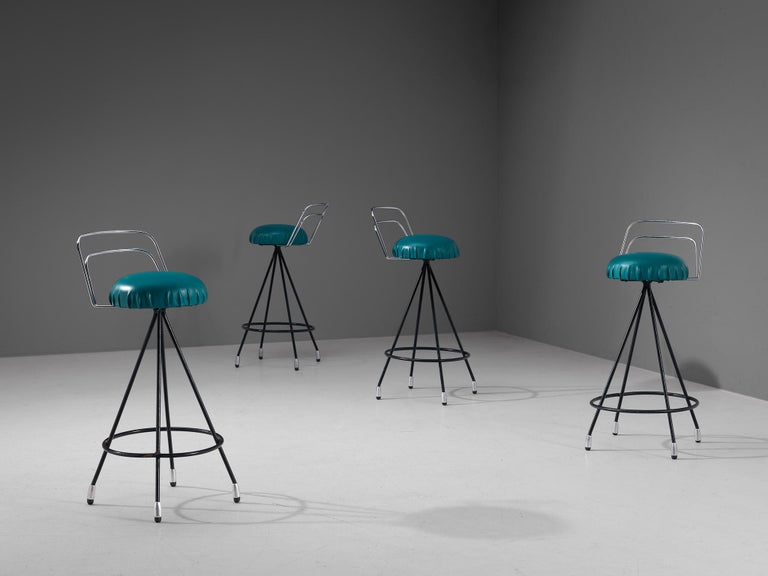 Set of Four Barstools in Metal and Teal Green Upholstery