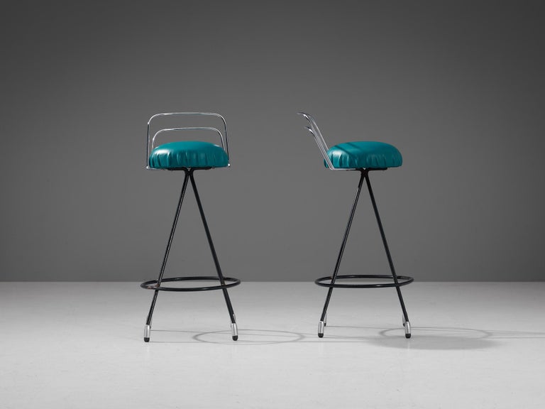 Set of Four Barstools in Metal and Teal Green Upholstery