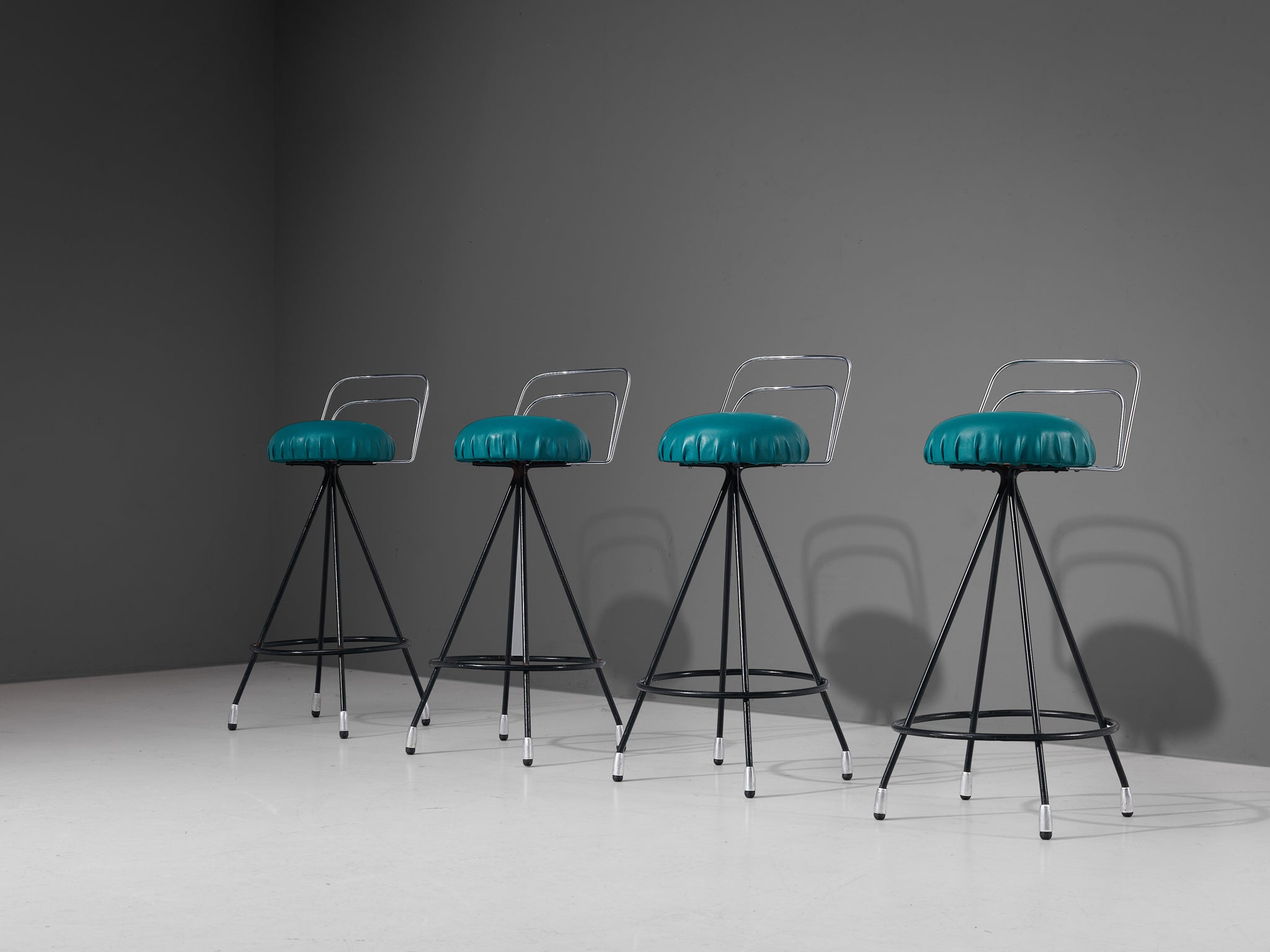 Set of Four Barstools in Metal and Teal Green Upholstery