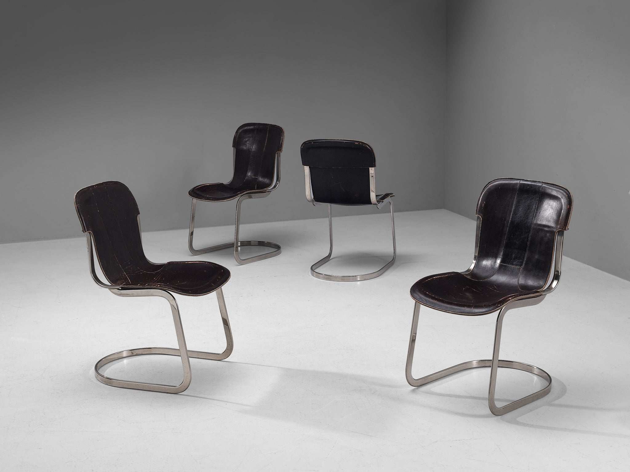 Cidue Set of Four Dining Chairs in Dark Brown Leather and Chrome seating Morentz