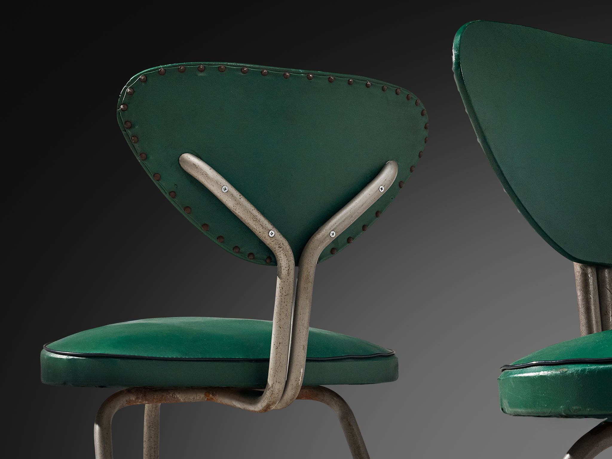 Pair of Tripod Chairs in Steel and Green Leatherette Seating Morentz