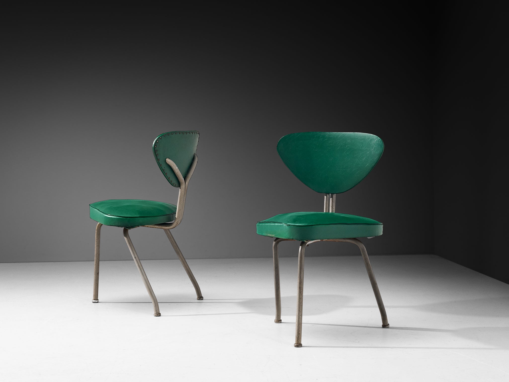 Pair of Tripod Chairs in Steel and Green Leatherette Seating Morentz